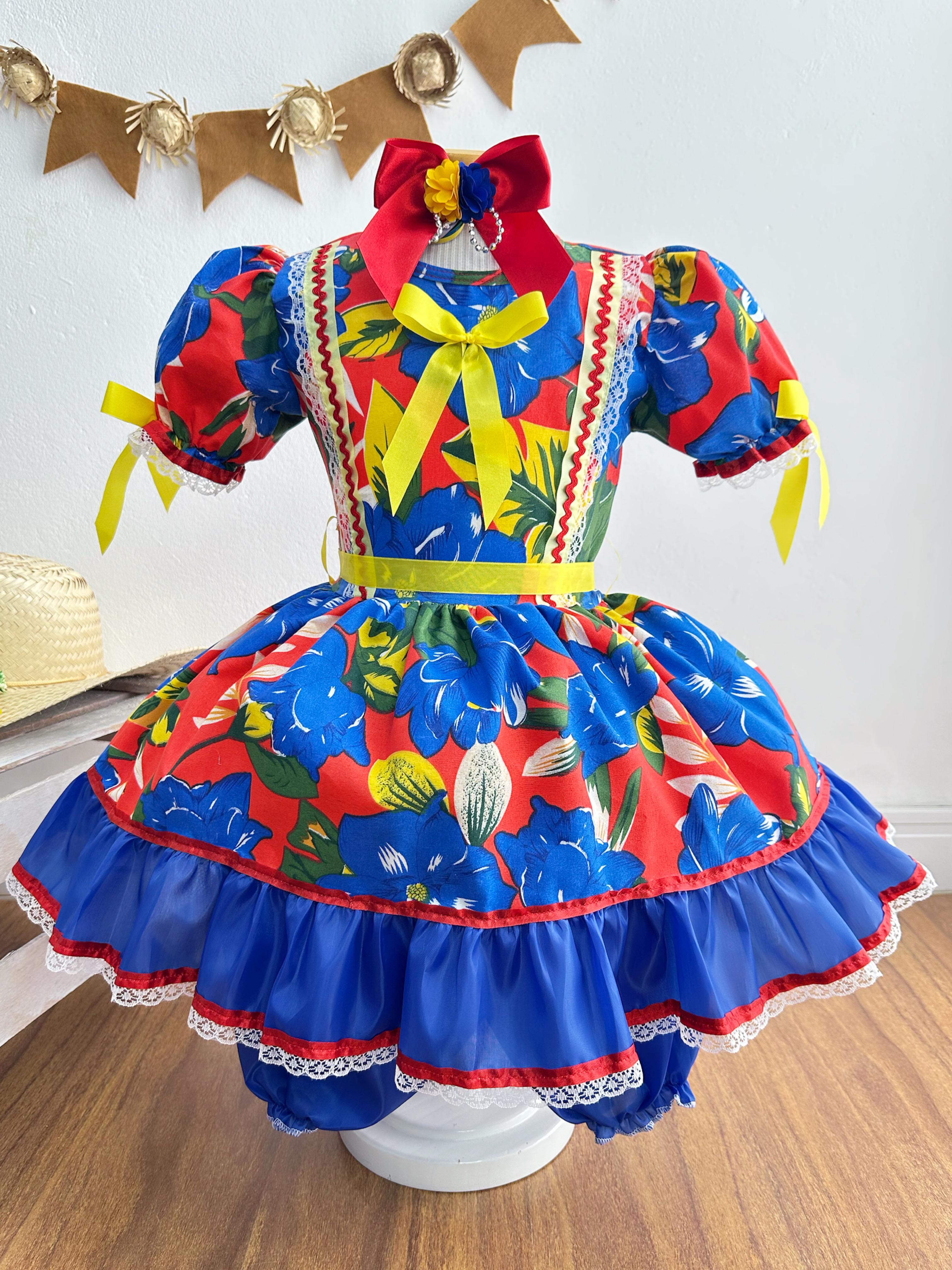 Vestido Infantil Junino Festa Azul Com Estampa de Florzinhas