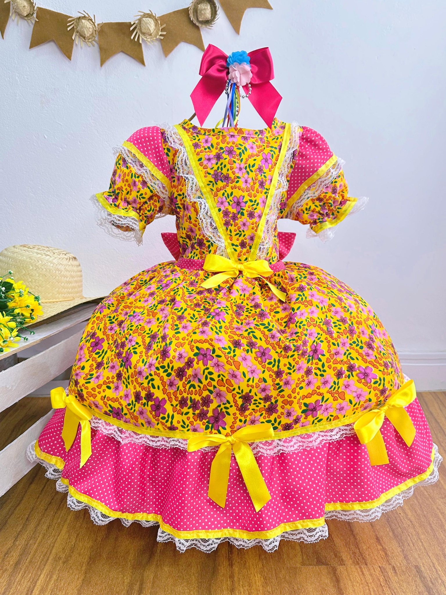 Vestido Infantil Junino Festas Amarelo Colorido Florzinhas