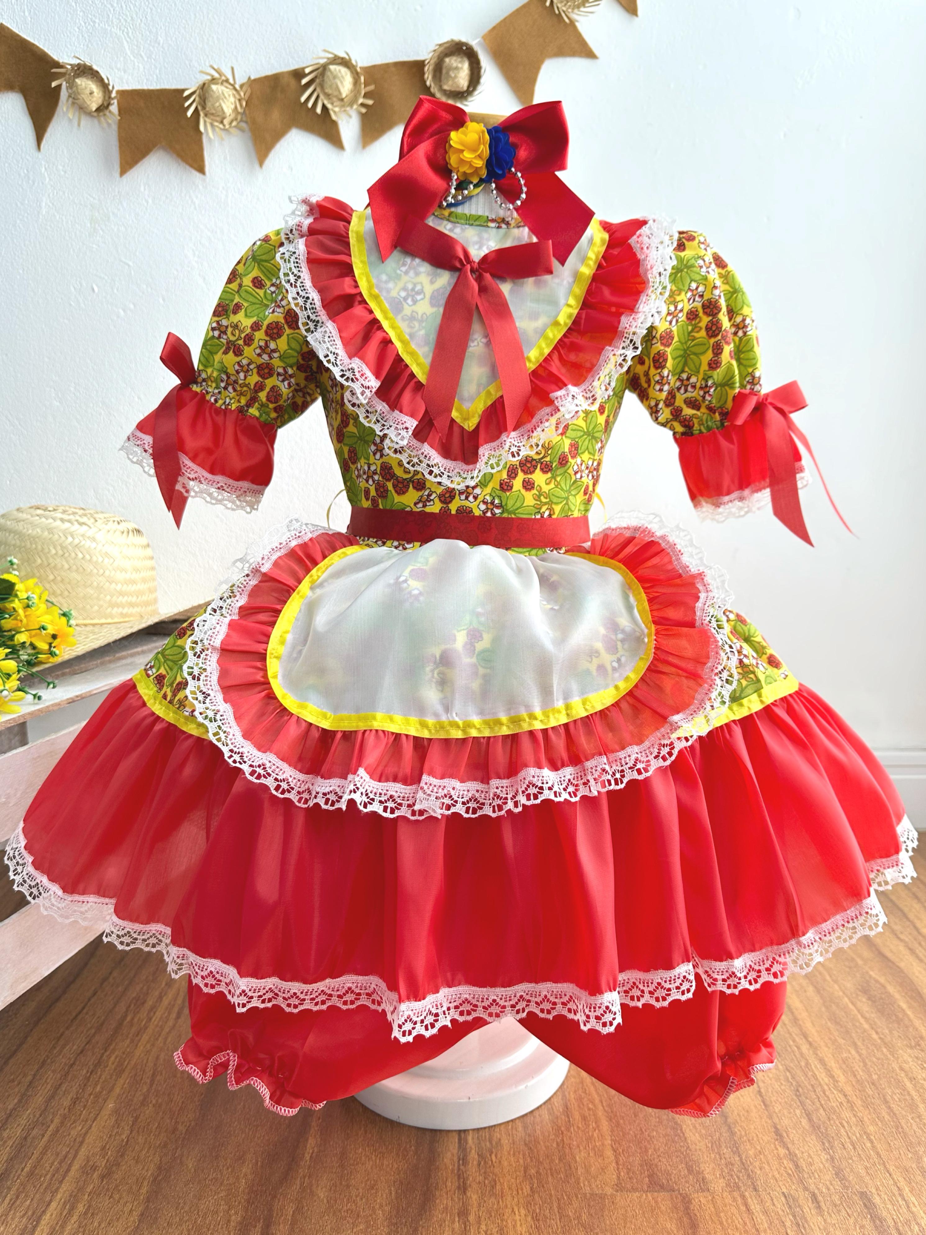 Vestido Infantil Junino Festas Amarelo Florzinhas Coloridas