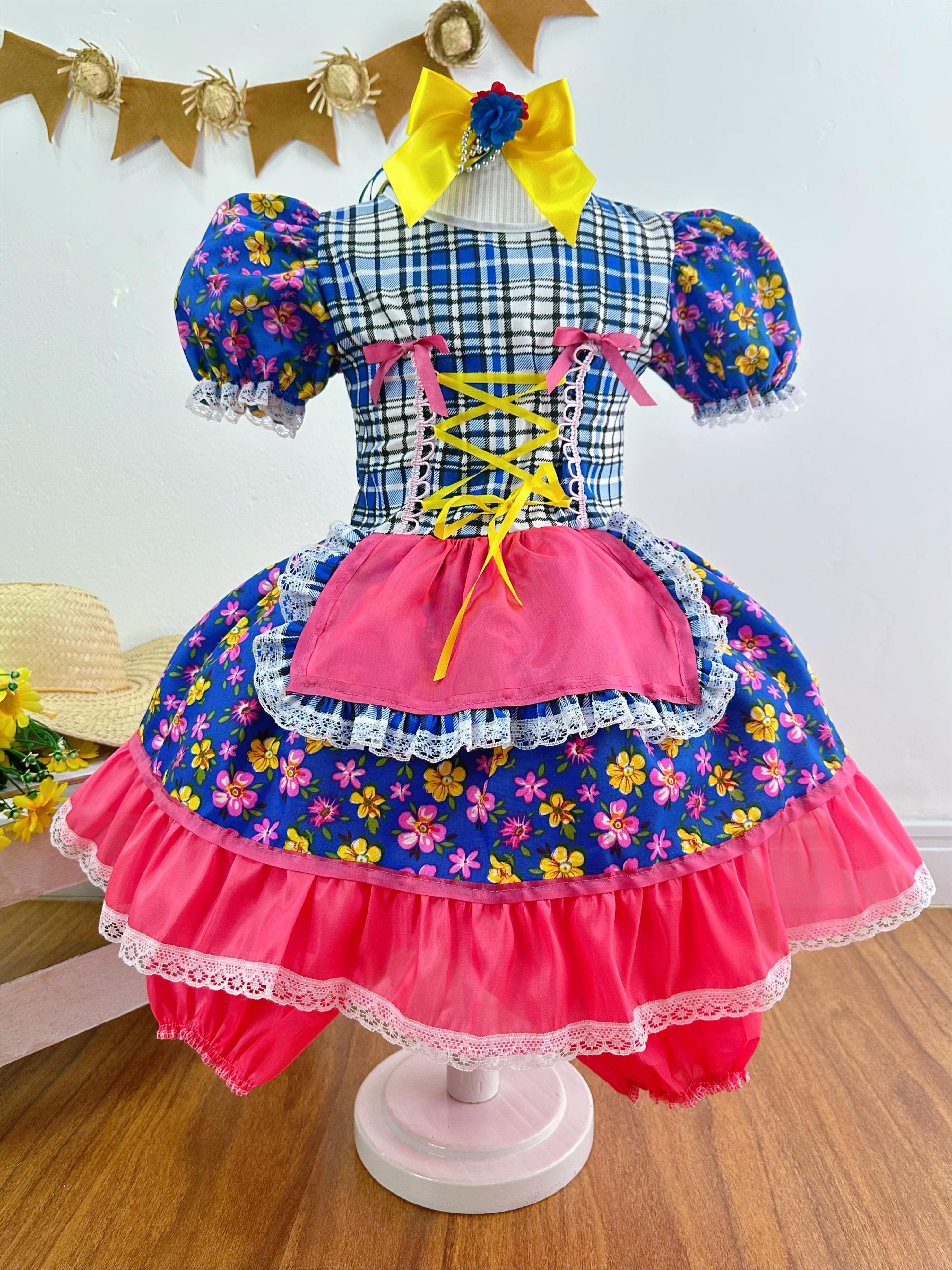 Vestido Infantil Junino Festas Azul Colorido Florzinhas
