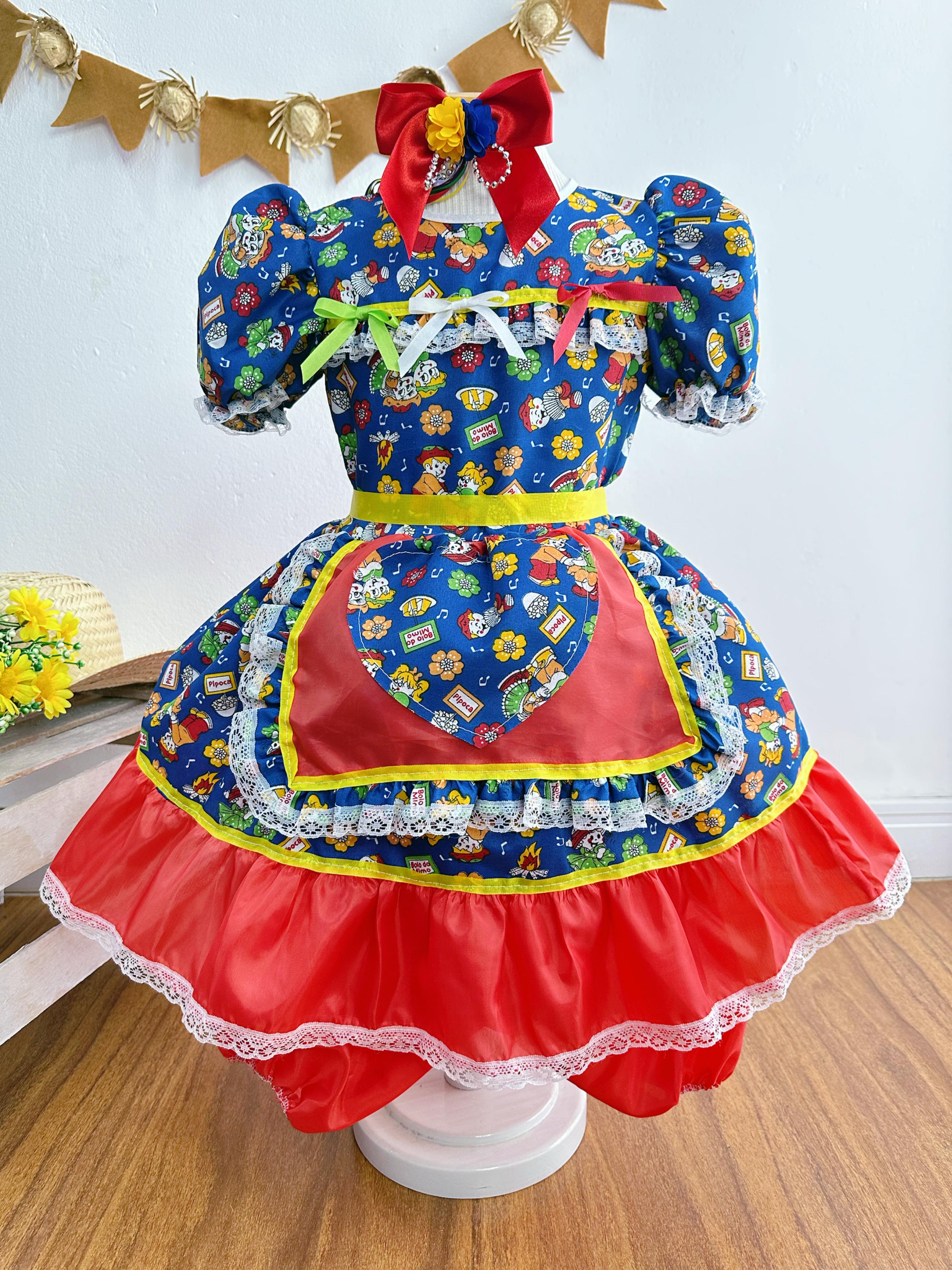 Vestido Infantil Junino Festas Azul Colorido São João