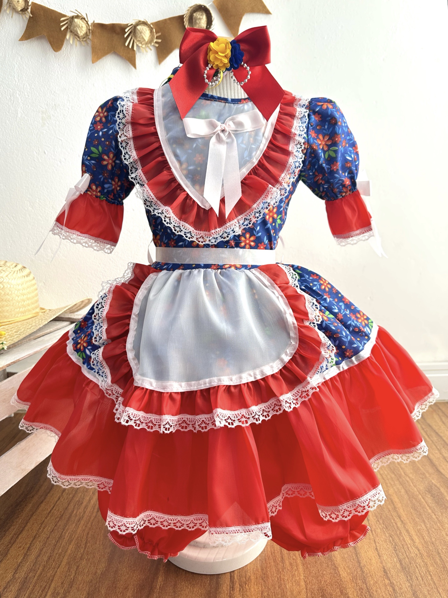 Vestido Infantil Junino Festas Azul Estampa de Florzinhas