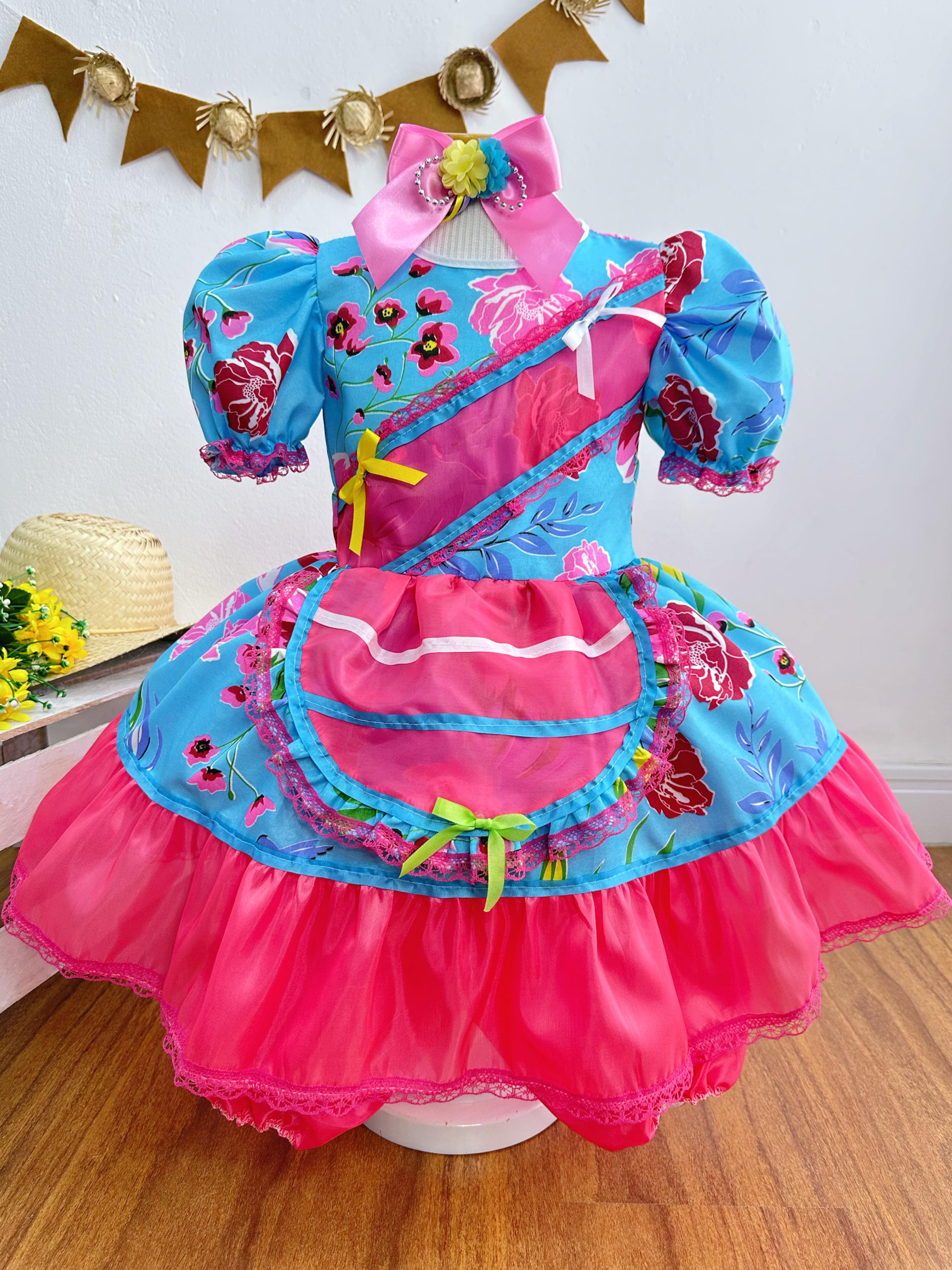 Vestido Infantil Junino Festas Azul Florzinhas Coloridas