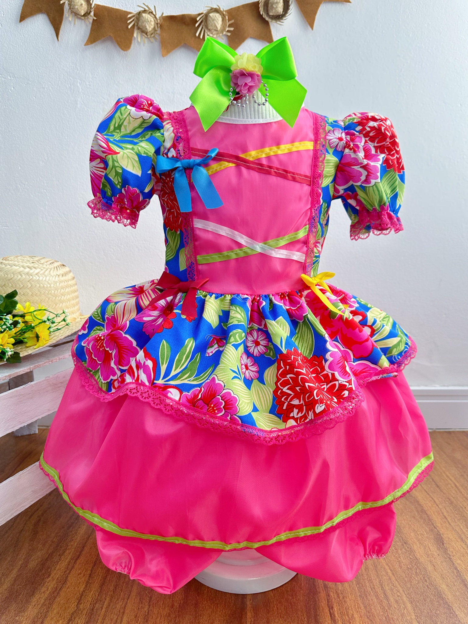 Vestido Infantil Junino Festas Rosa Chiclete Florido