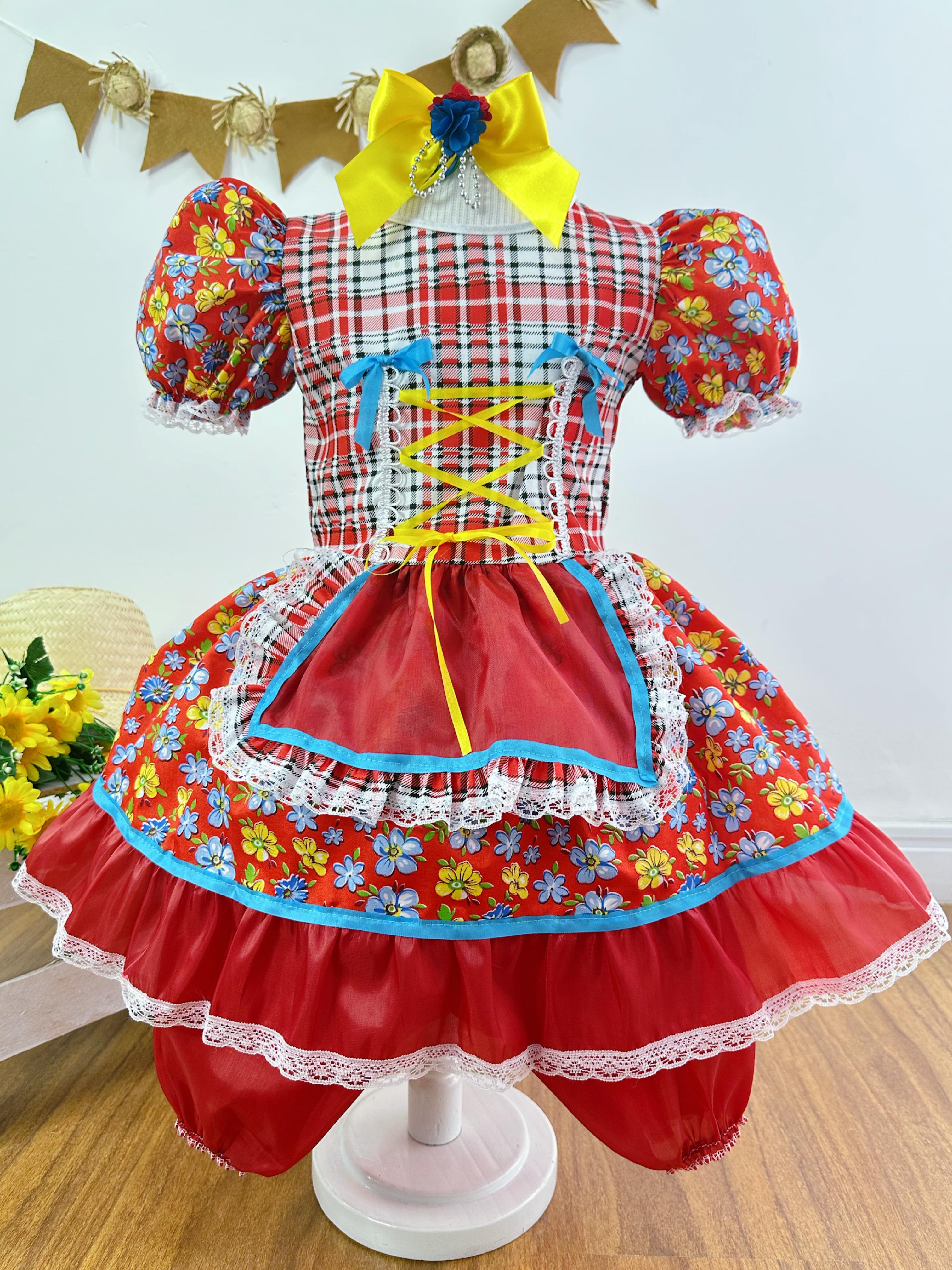 Vestido Infantil Junino Festas Vermelho Colorido Florzinhas
