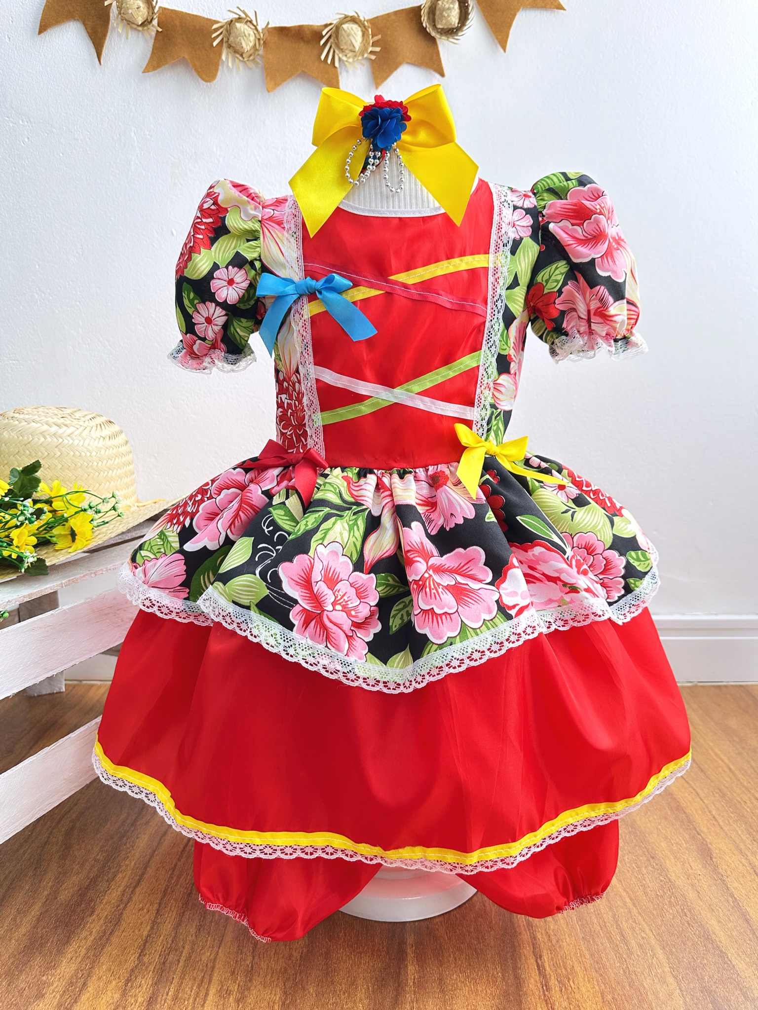 Vestido Infantil Junino Festas Vermelho Florido