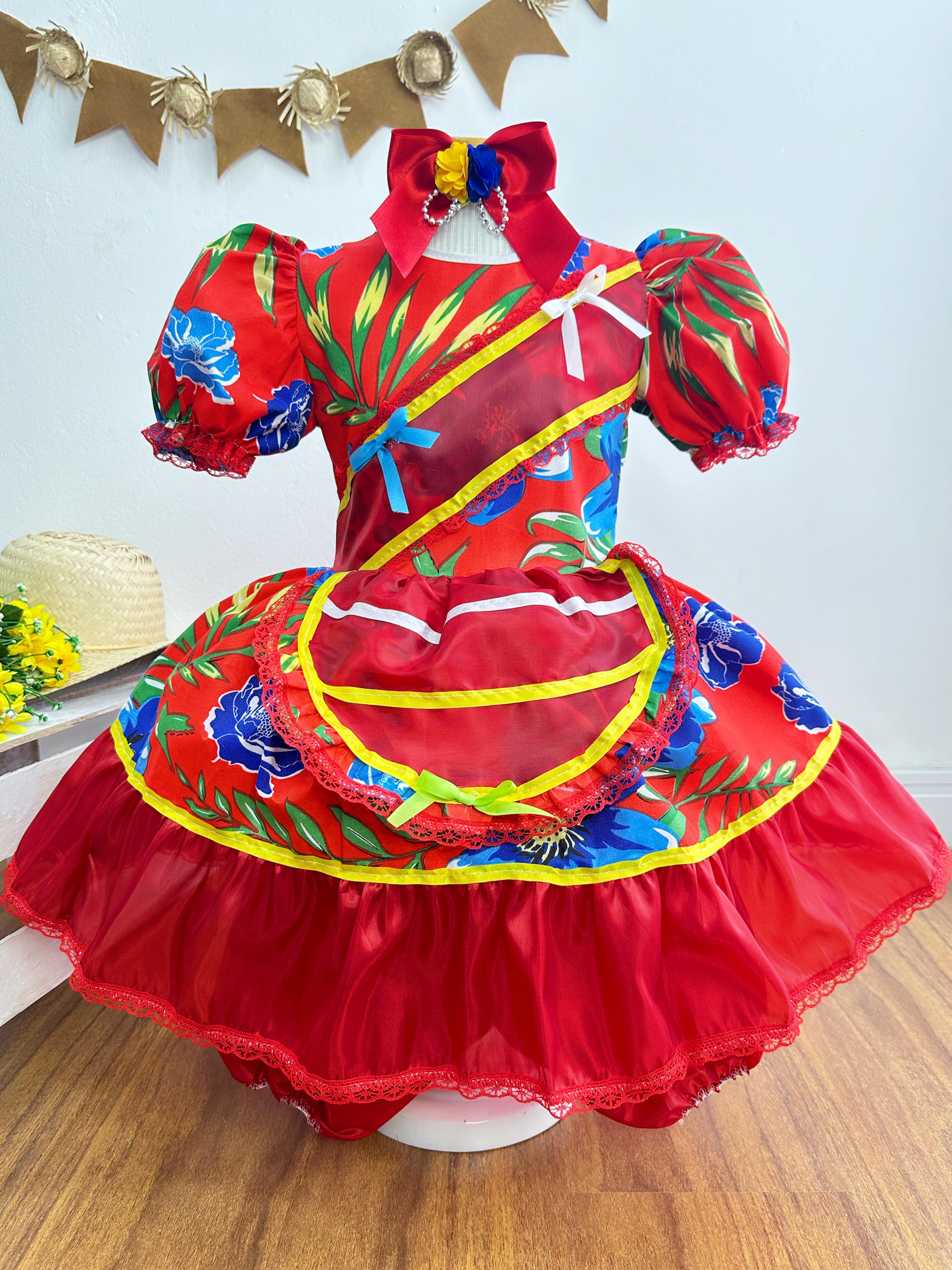 Vestido Infantil Junino Festas Vermelho Florzinhas Coloridas