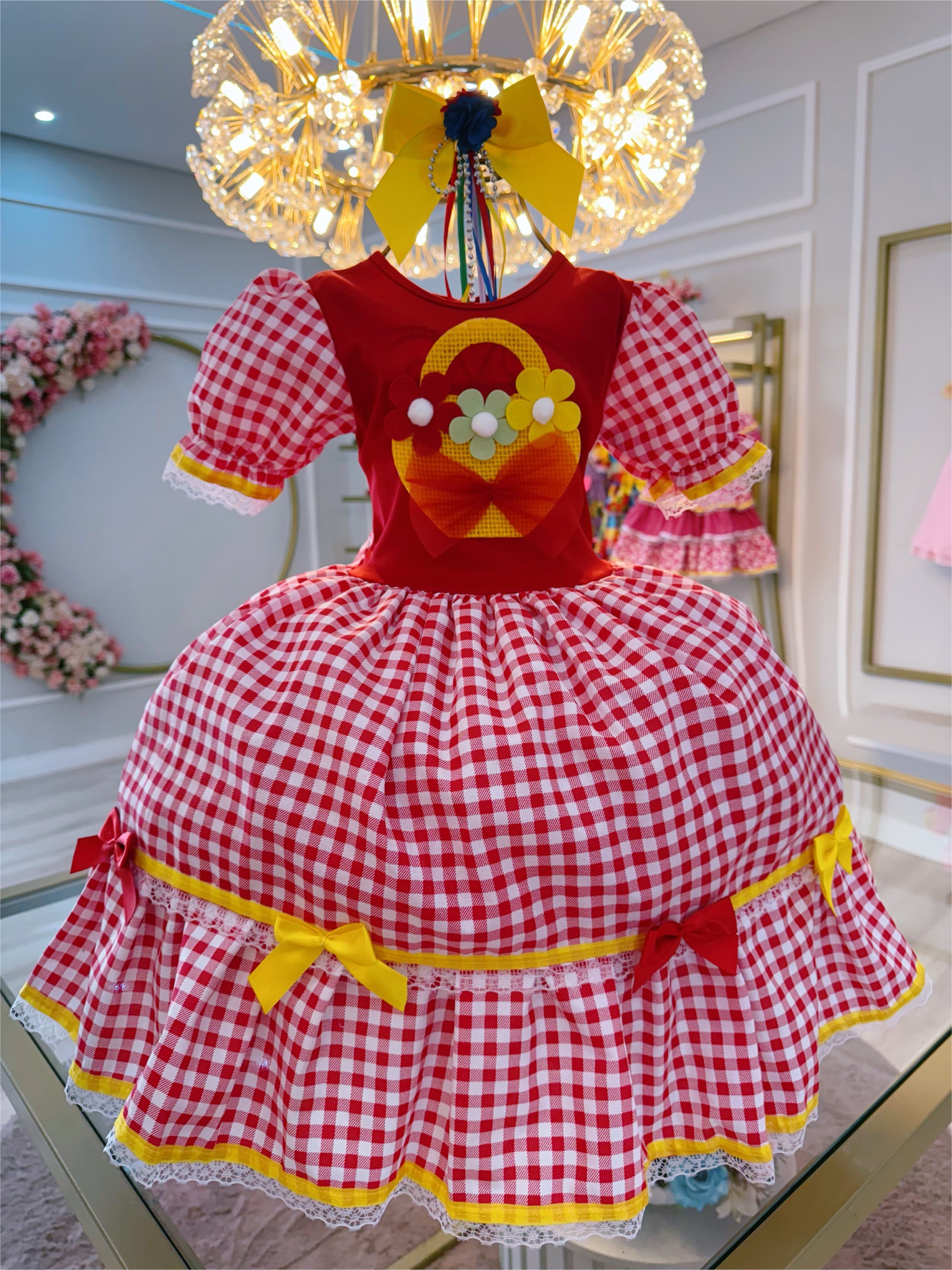 Vestido Infantil Junino Festas Vermelho Xadrez Colorido