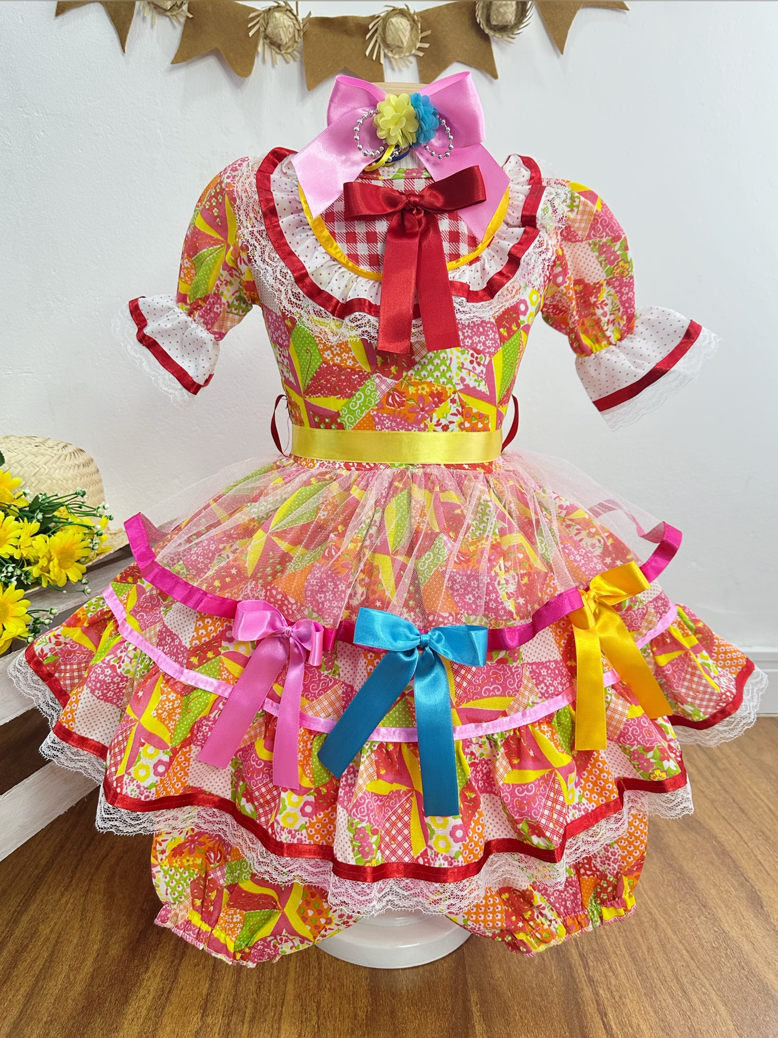 Vestido Infantil Junino Laranja Com Estampa Colorida Festas