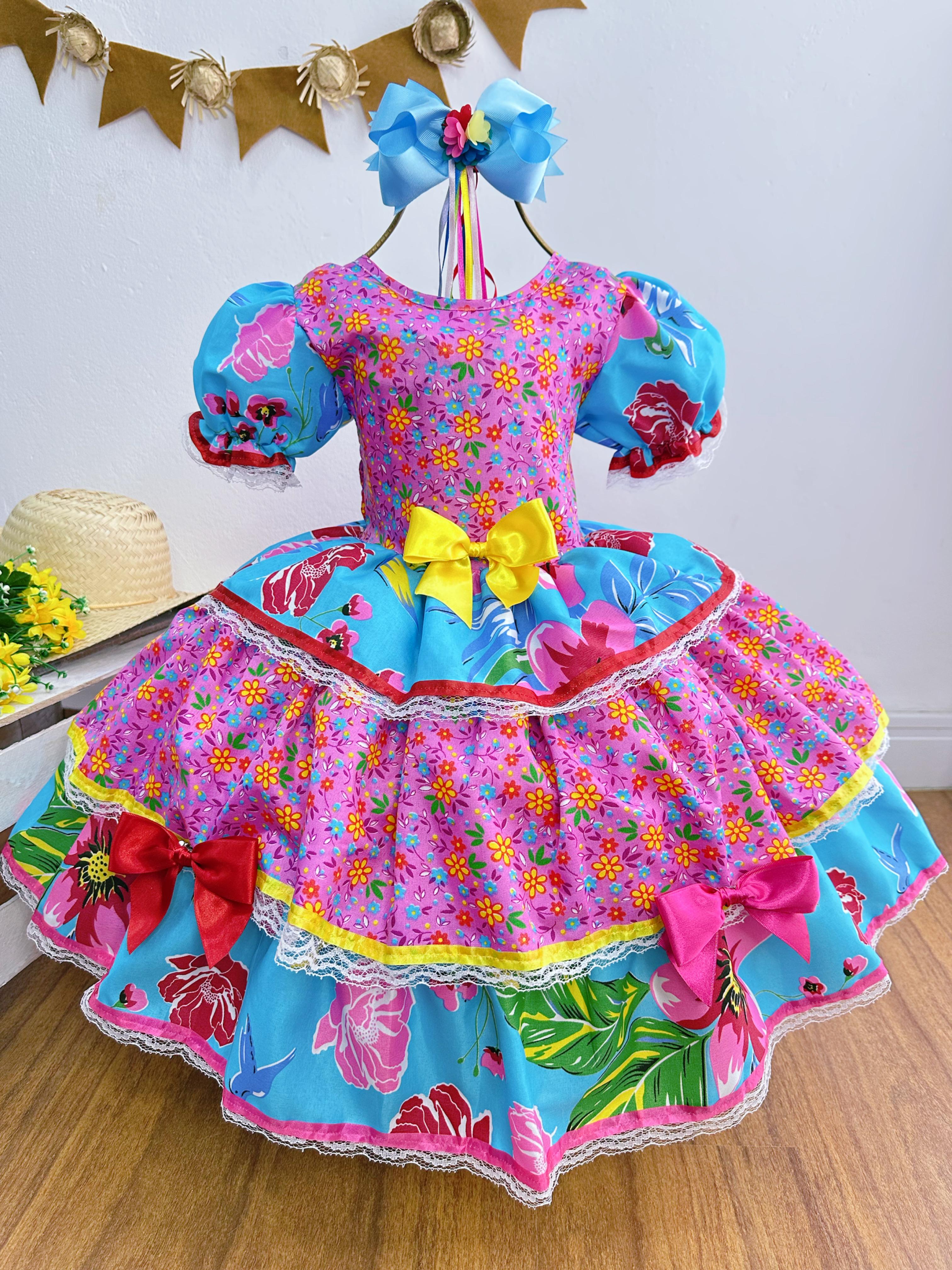 Fantasia Infantil Junino Lilás Colorido Florzinhas Festas
