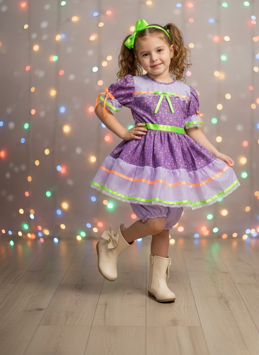 Vestido Infantil Junino Lilás Com Estampa Florzinhas Festas