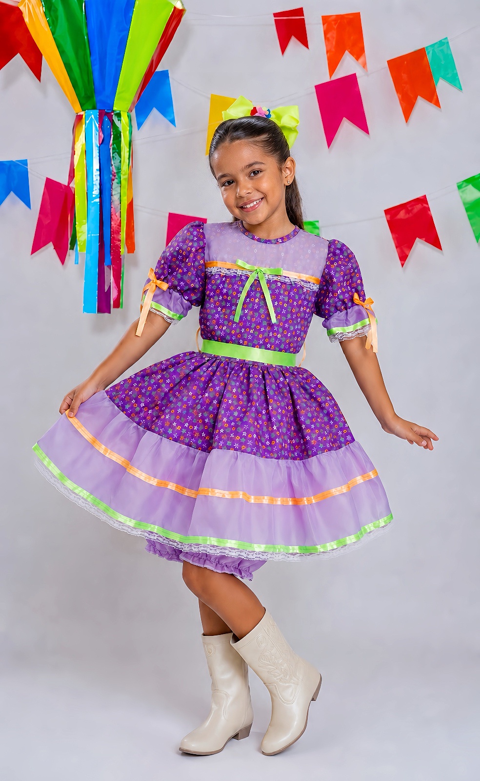 Vestido Infantil Junino Lilás Com Estampa Florzinhas Festas