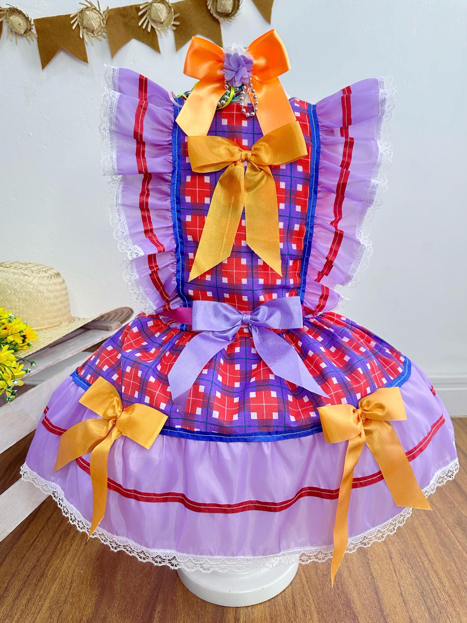 Fantasia Infantil Junino Lilás Xadrez Colorido Festas