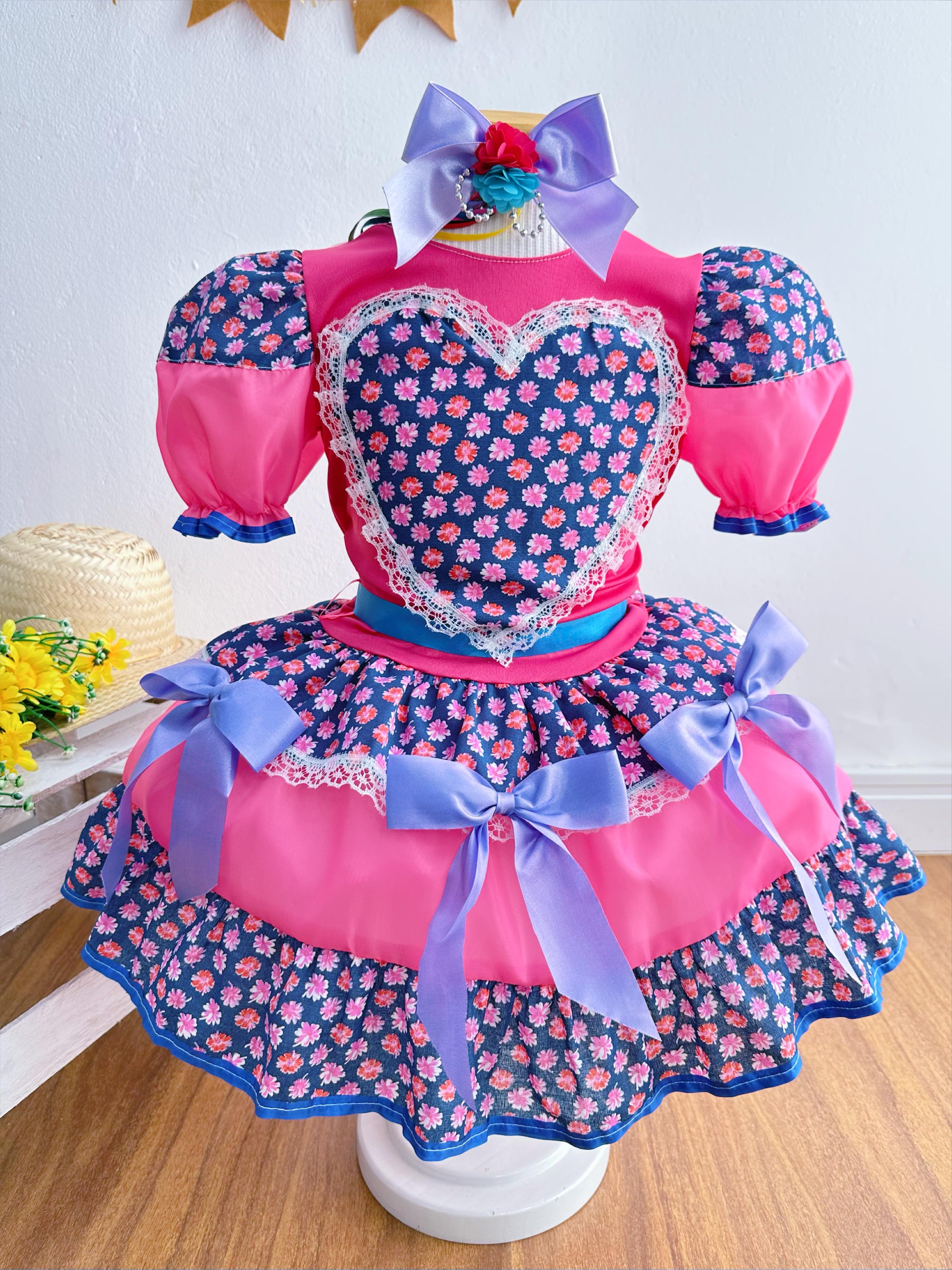 Fantasia Infantil Junino Pink Coração Colorido Festas