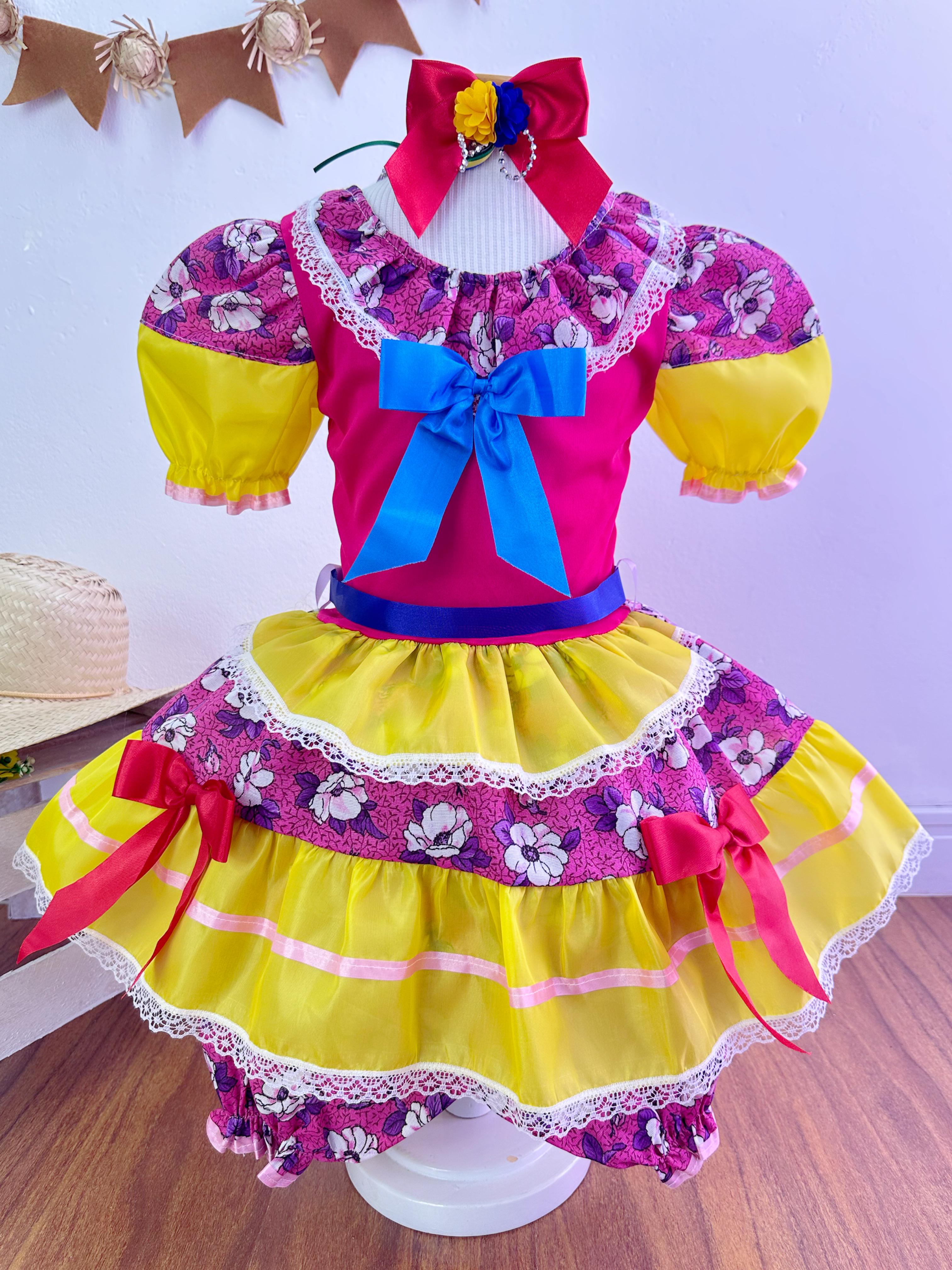 Vestido Infantil Junino Pink e Amarelo Colorido Florido