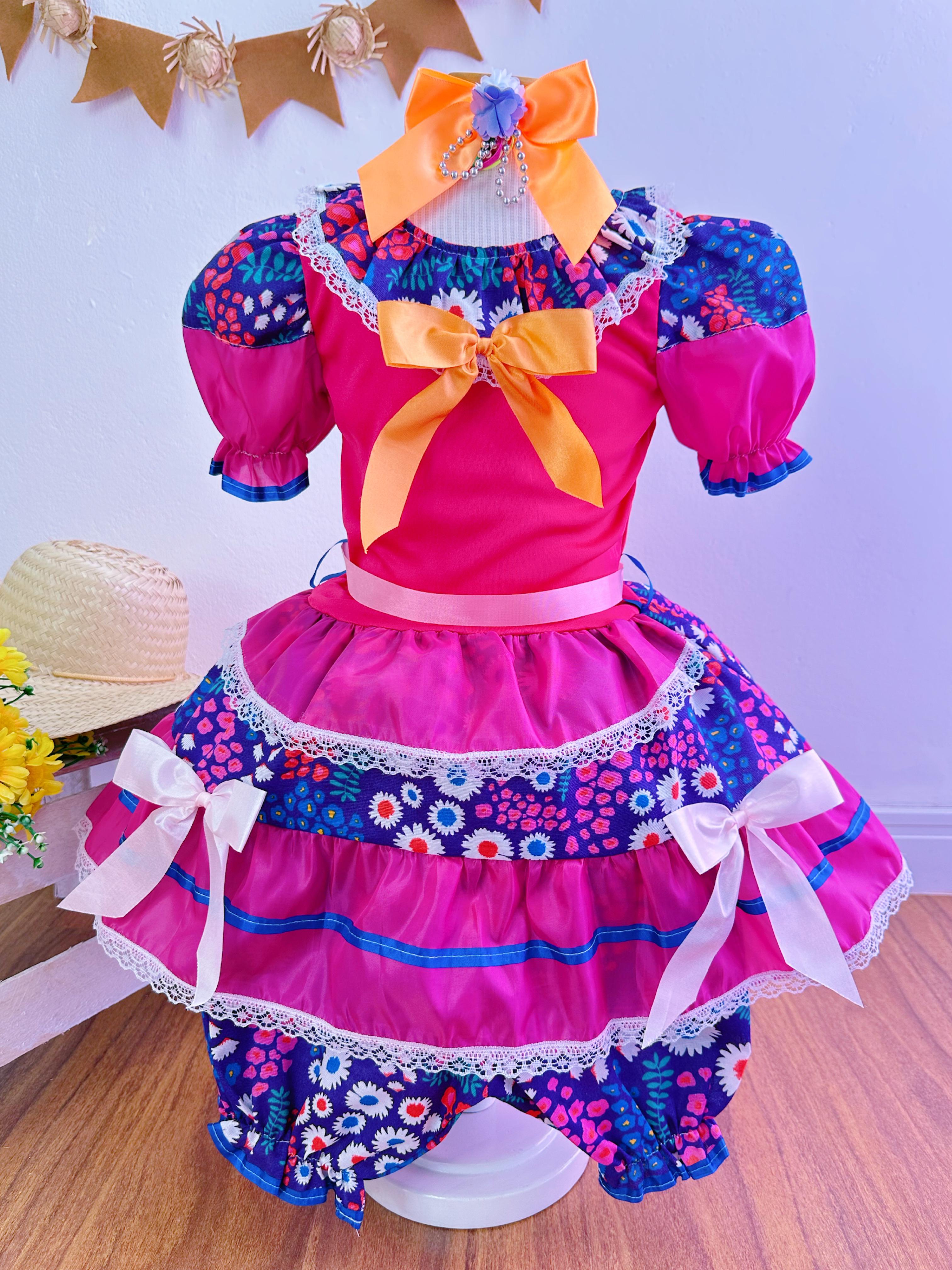 Vestido Infantil Junino Pink e Lilás Colorido Florido