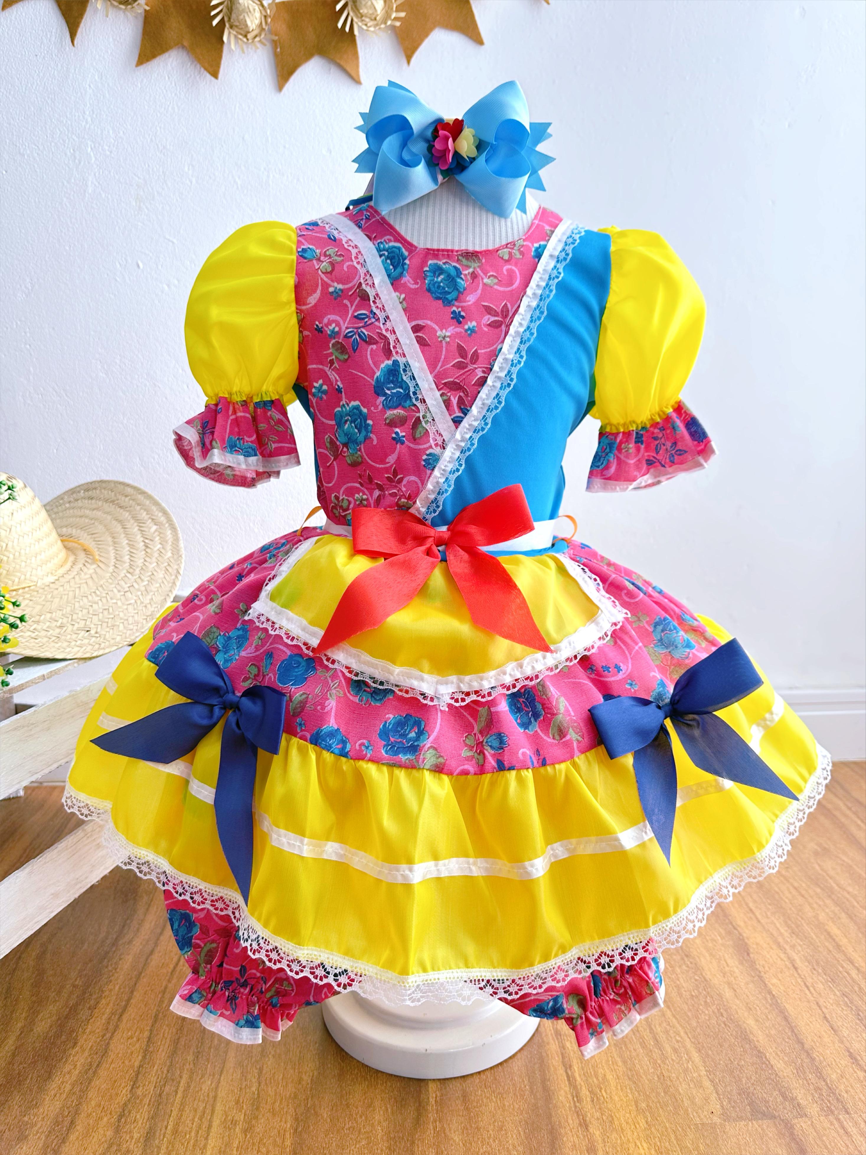 Vestido Infantil Junino Rosa e Amarelo Com Flores Coloridas