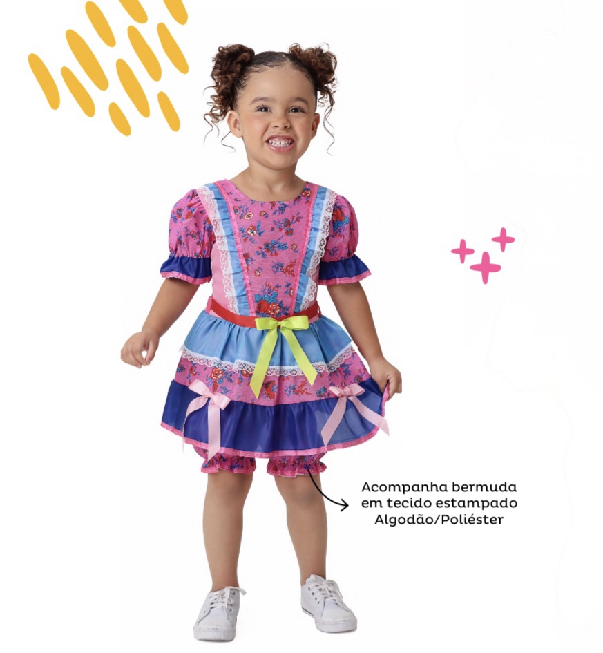 Fantasia Infantil Junino Rosa e Azul Florzinhas Coloridas