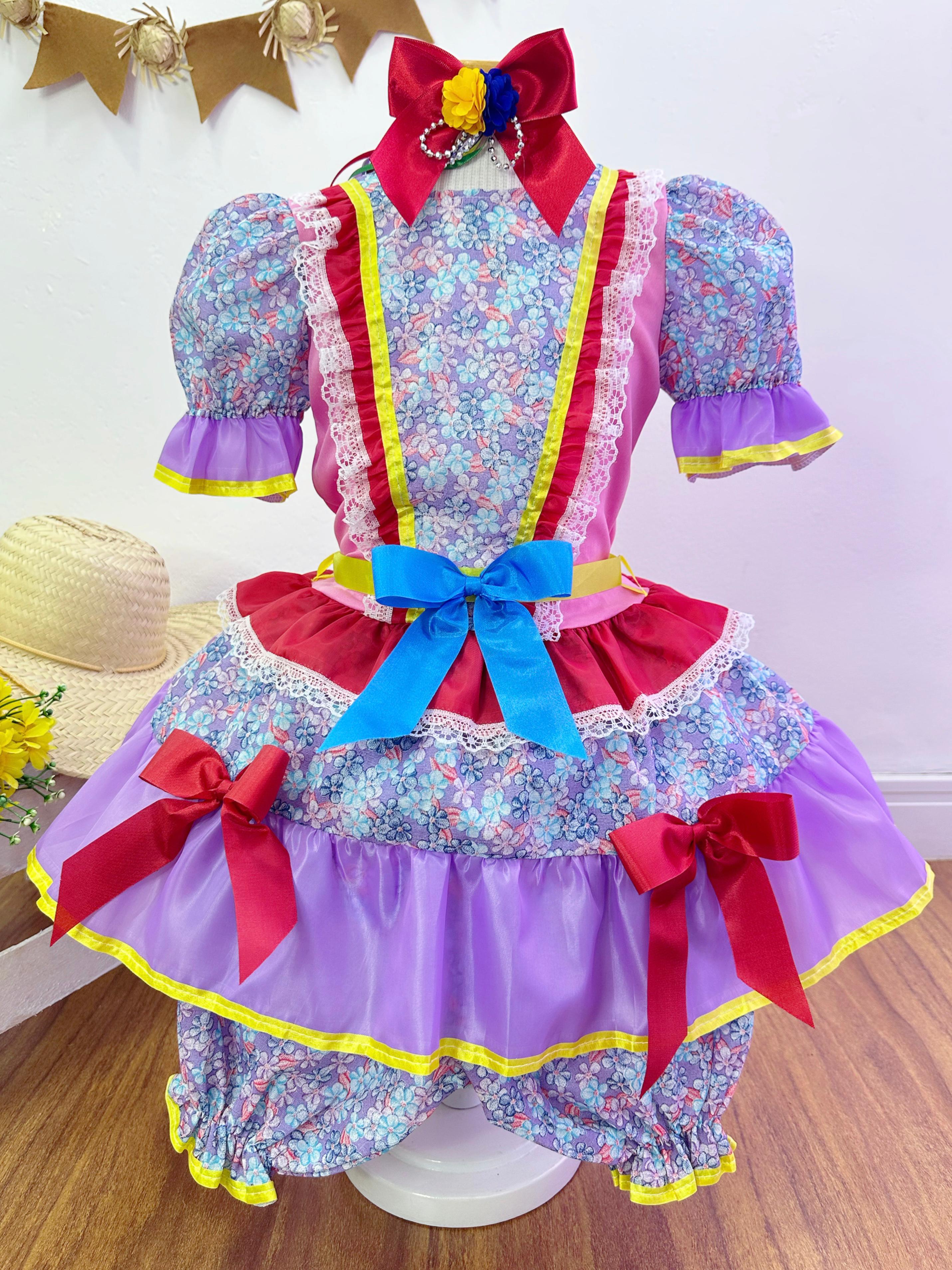 Fantasia Infantil Junino Rosa e Lilás Flores Coloridas