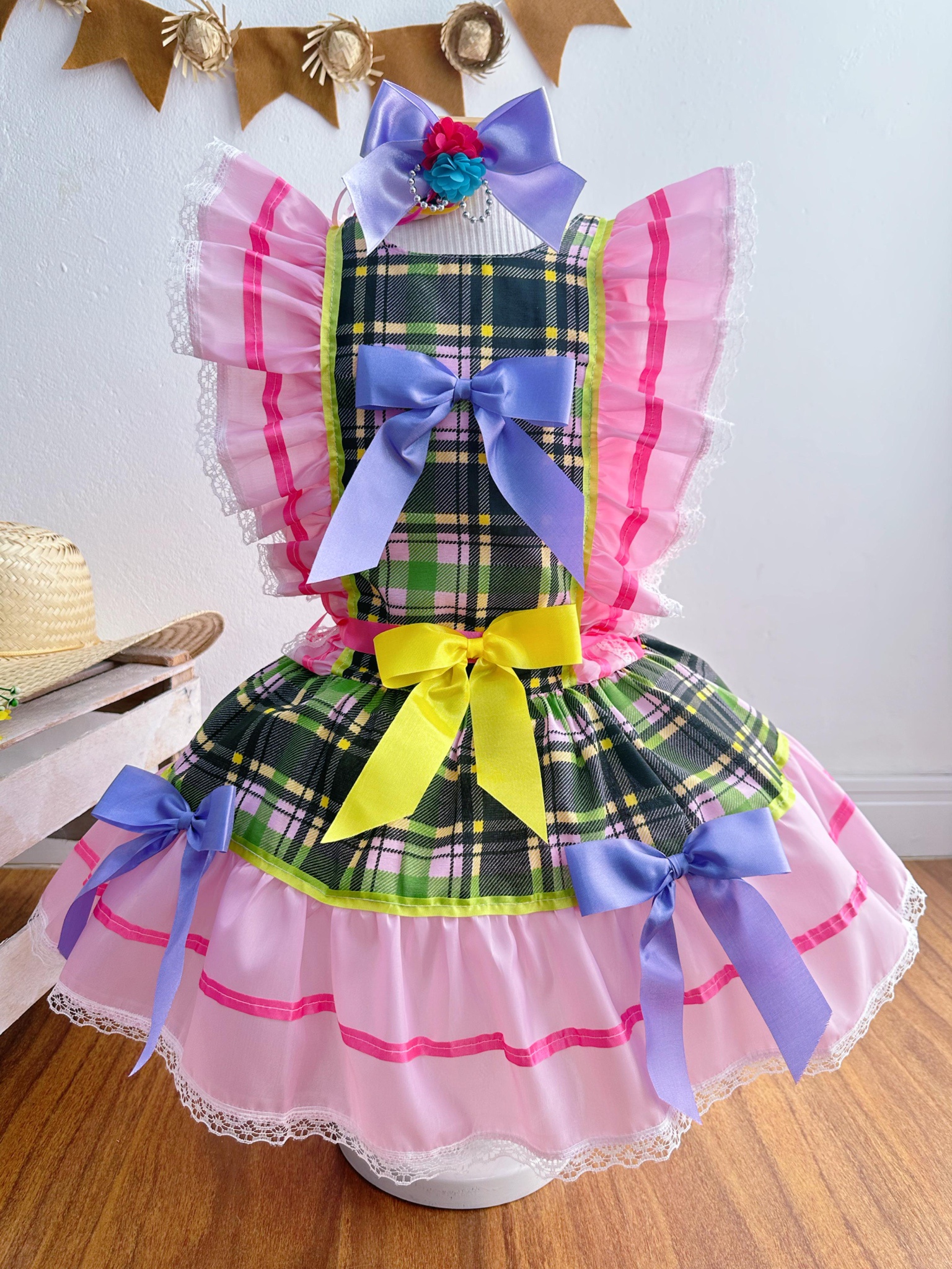 Vestido Infantil Junino Rosa Xadrez Colorido Festas