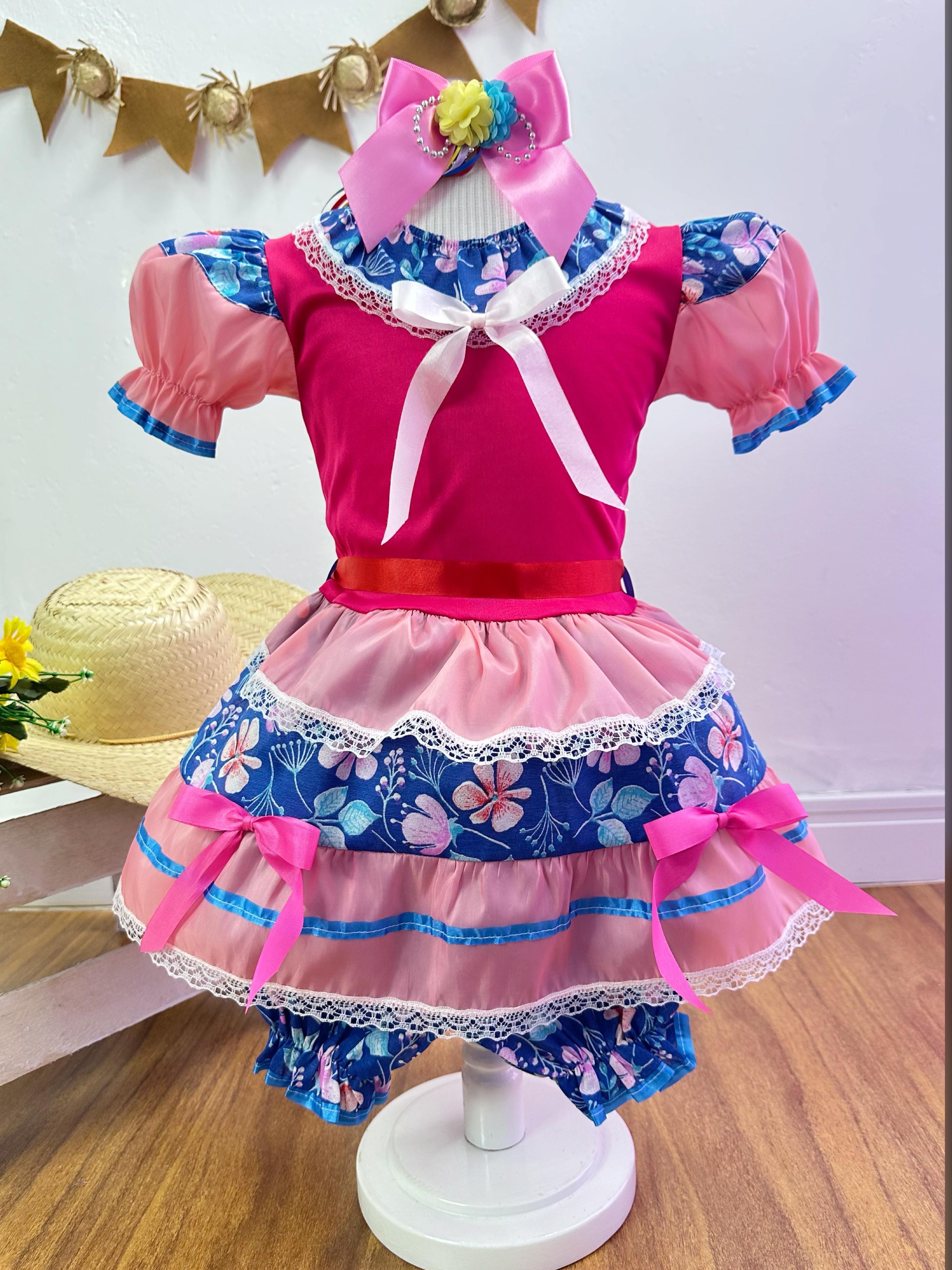 Fantasia Infantil Junino Salmão e Pink Florzinhas Coloridas