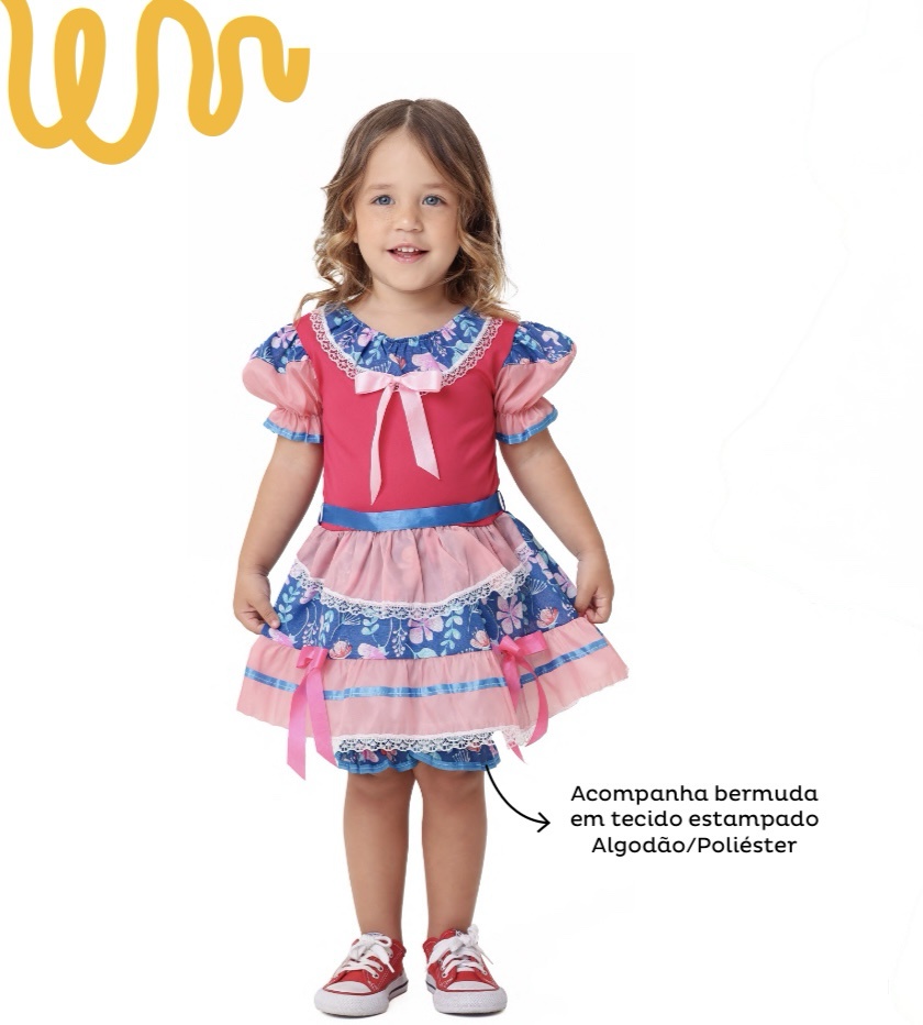 Fantasia Infantil Junino Salmão e Pink Florzinhas Coloridas