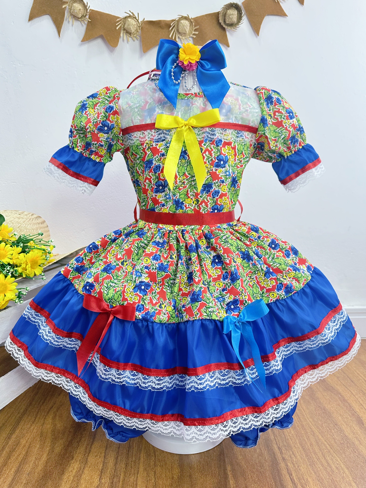 Fantasia Infantil Junino Verde Com Estampa Florzinhas Festas