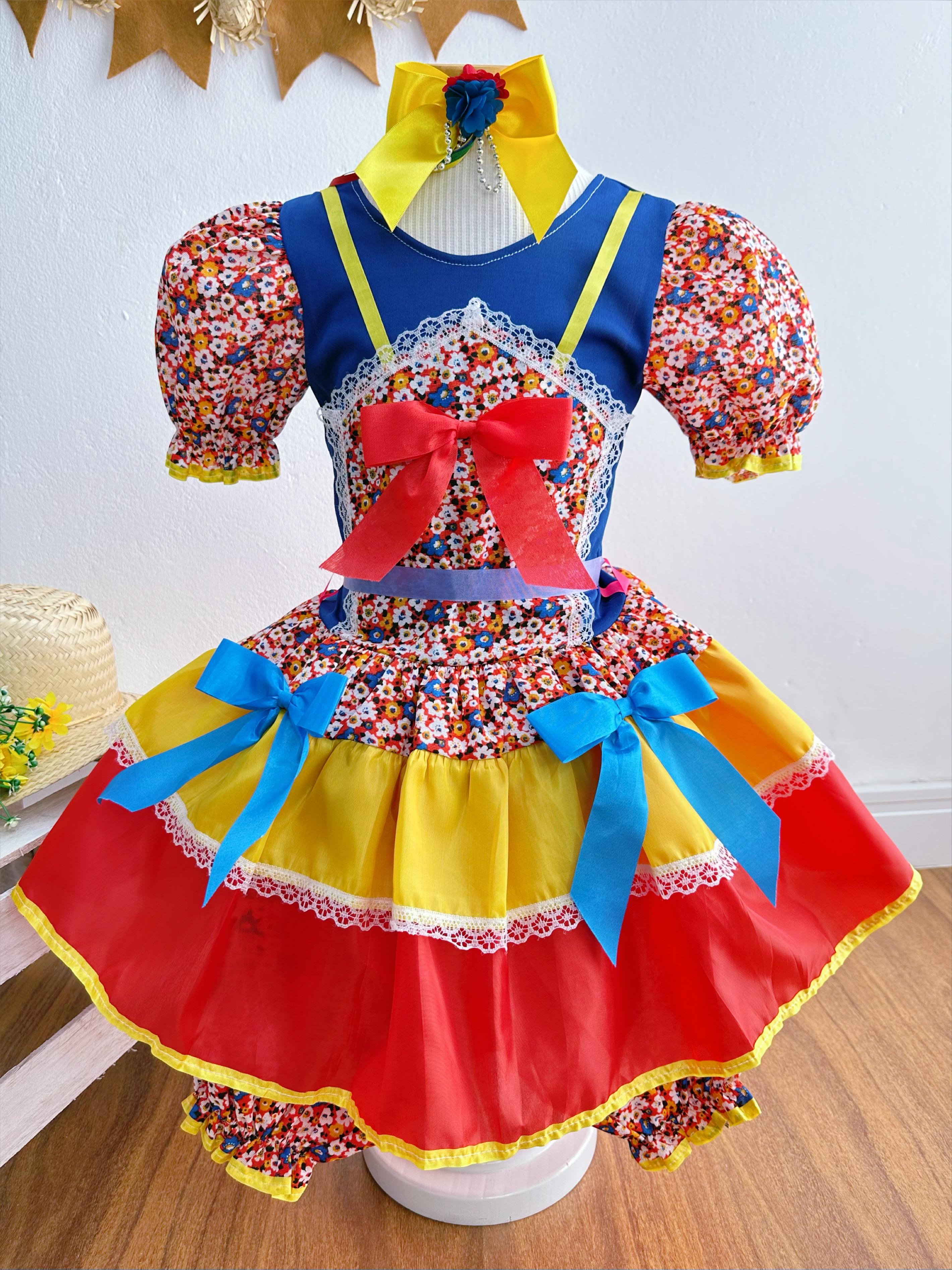 Fantasia Infantil Junino Vermelho e Azul Com Flores Coloridas