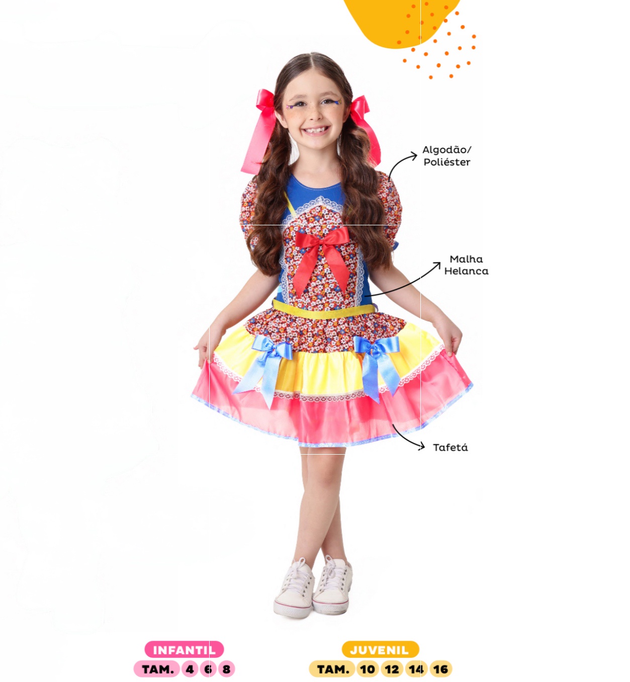 Fantasia Infantil Junino Vermelho e Azul Com Flores Coloridas