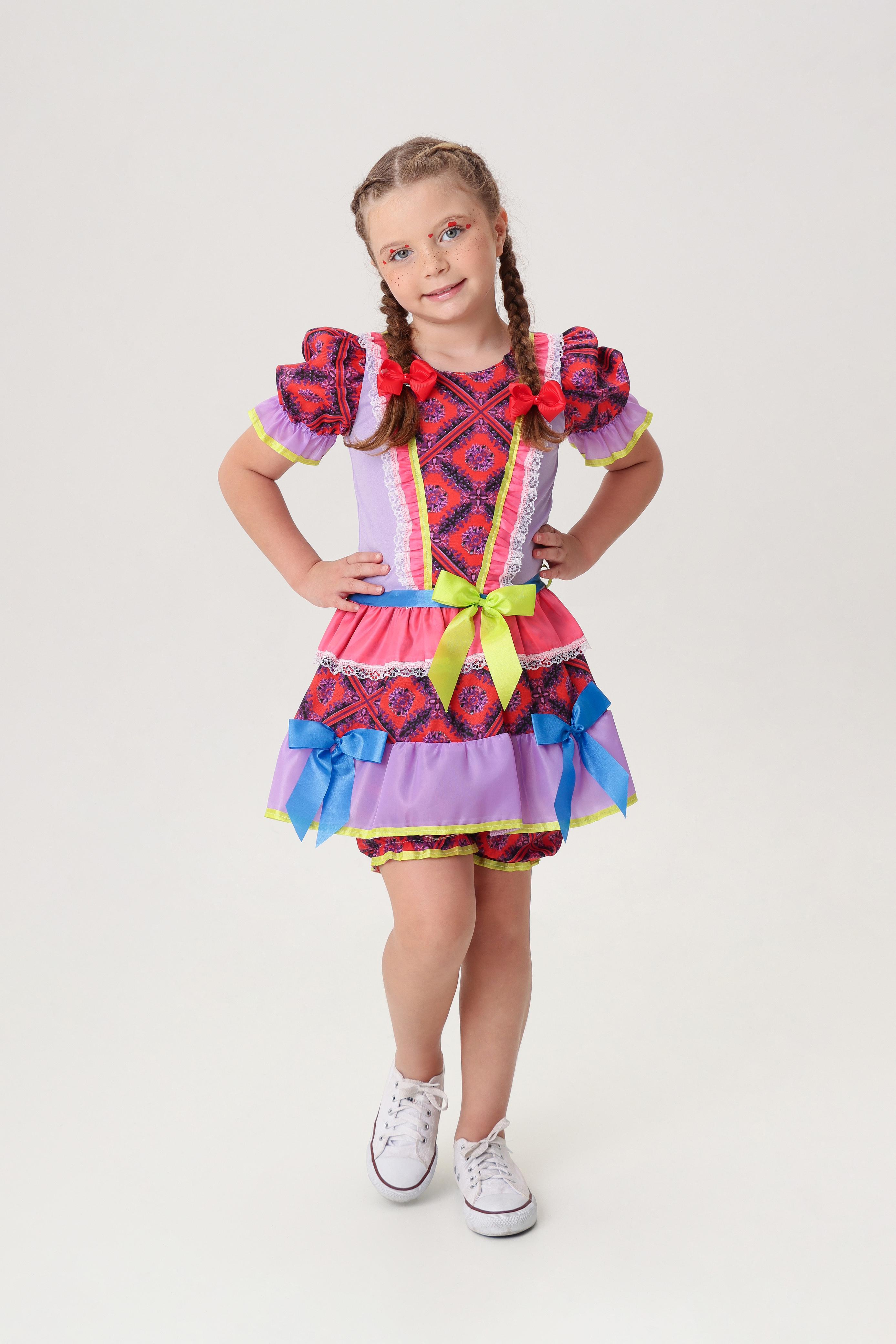 Vestido Infantil Junino Vermelho e Lilás Flores Coloridas