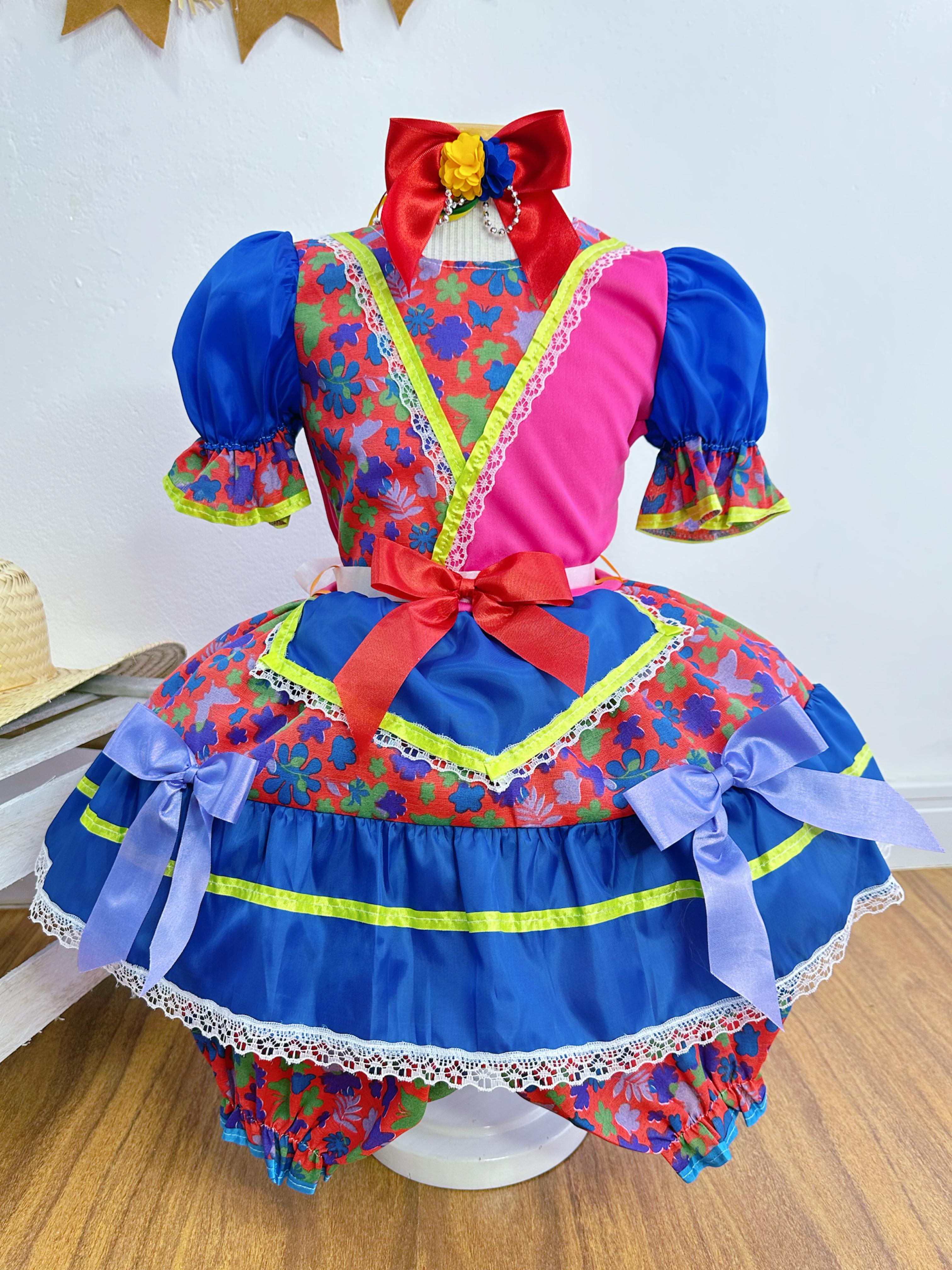 Vestido Infantil Junino Vermelho e Rosa Com Flores Coloridas