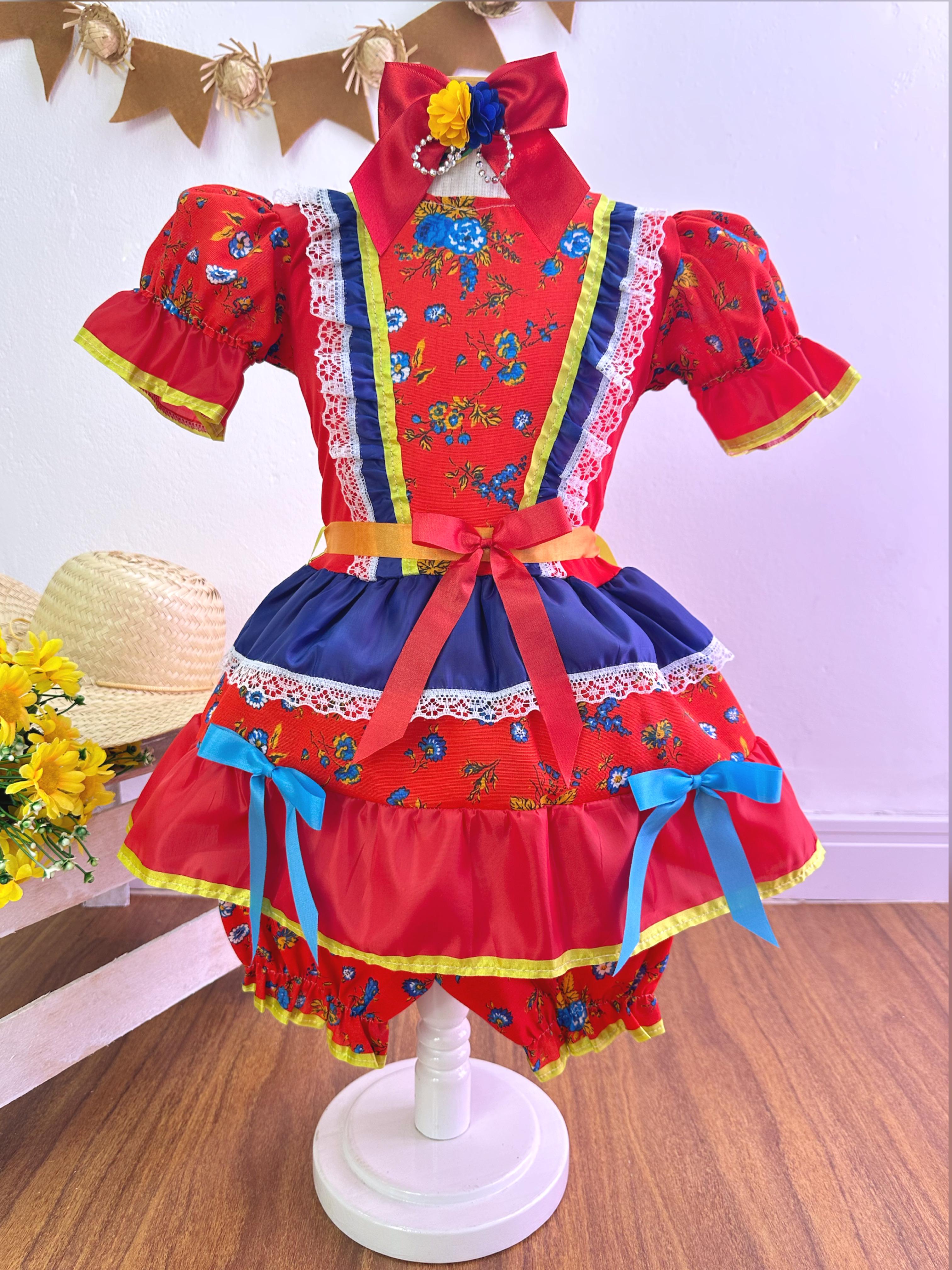 Fantasia Infantil Junino Vermelho Florzinhas Coloridas