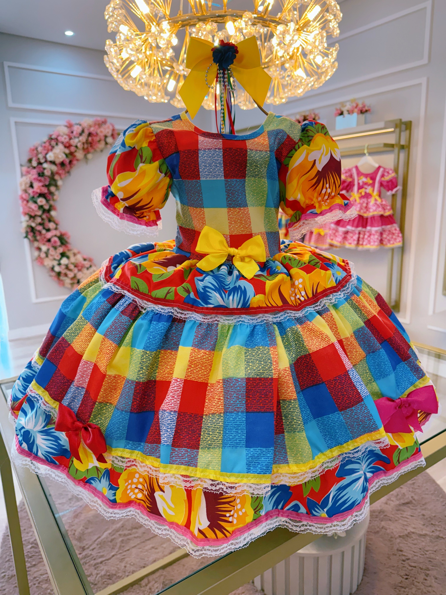 Vestido Infantil Junino Xadrez Colorido Florido Festas