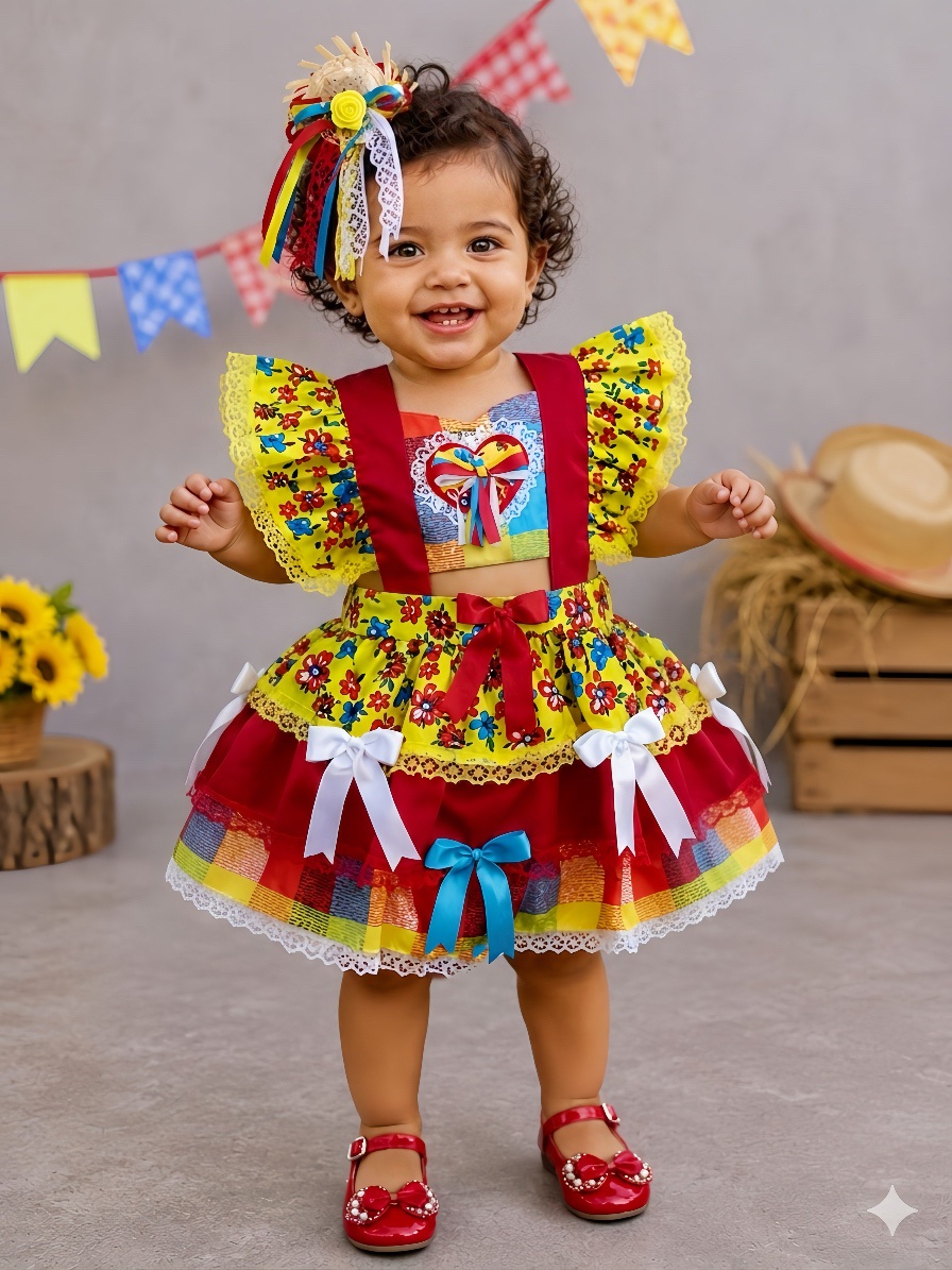 Romper Junino Amarelo Colorido Com Laço de Chapéuzinho