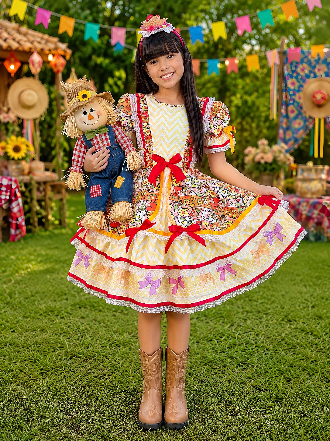 Vestido Caipira Infantil Luxo para Festa Junina com Renda e Laços