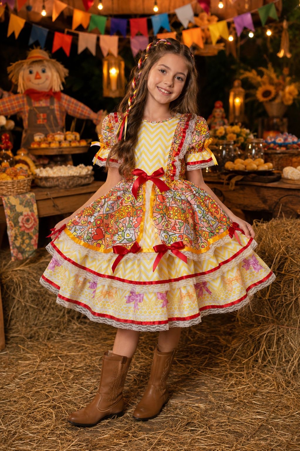 Vestido Caipira Infantil Luxo para Festa Junina com Renda e Laços