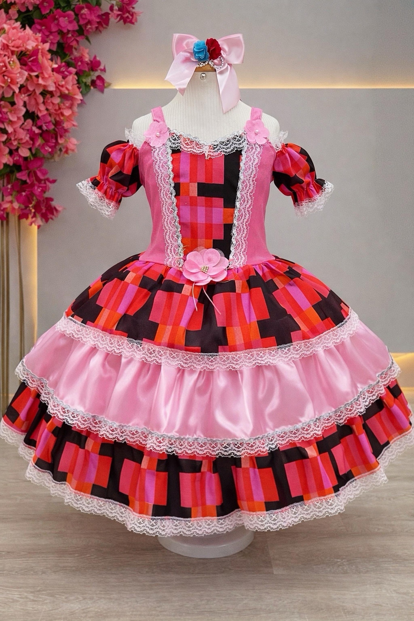 Vestido Infantil C/ Alça Junino Caipira Rosa Xadrez Colorido
