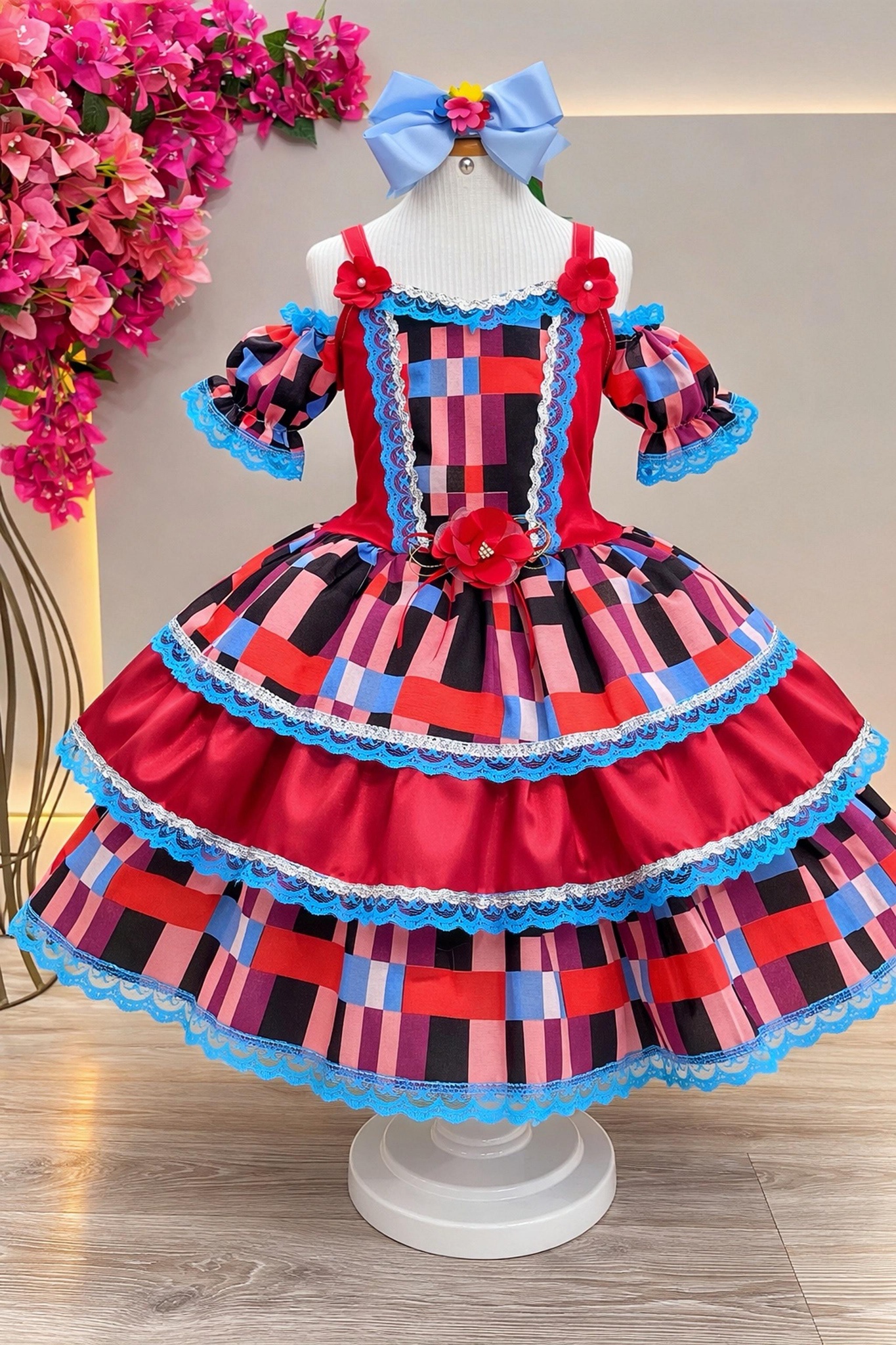 Vestido Infantil C/ Alça Junino Caipira Vermelho Xadrex Colorido