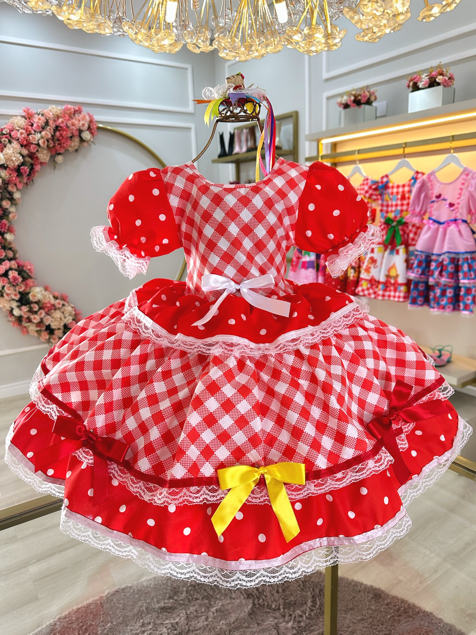 Vestido Infantil Caipira Junino Vermelho Estampas Corações