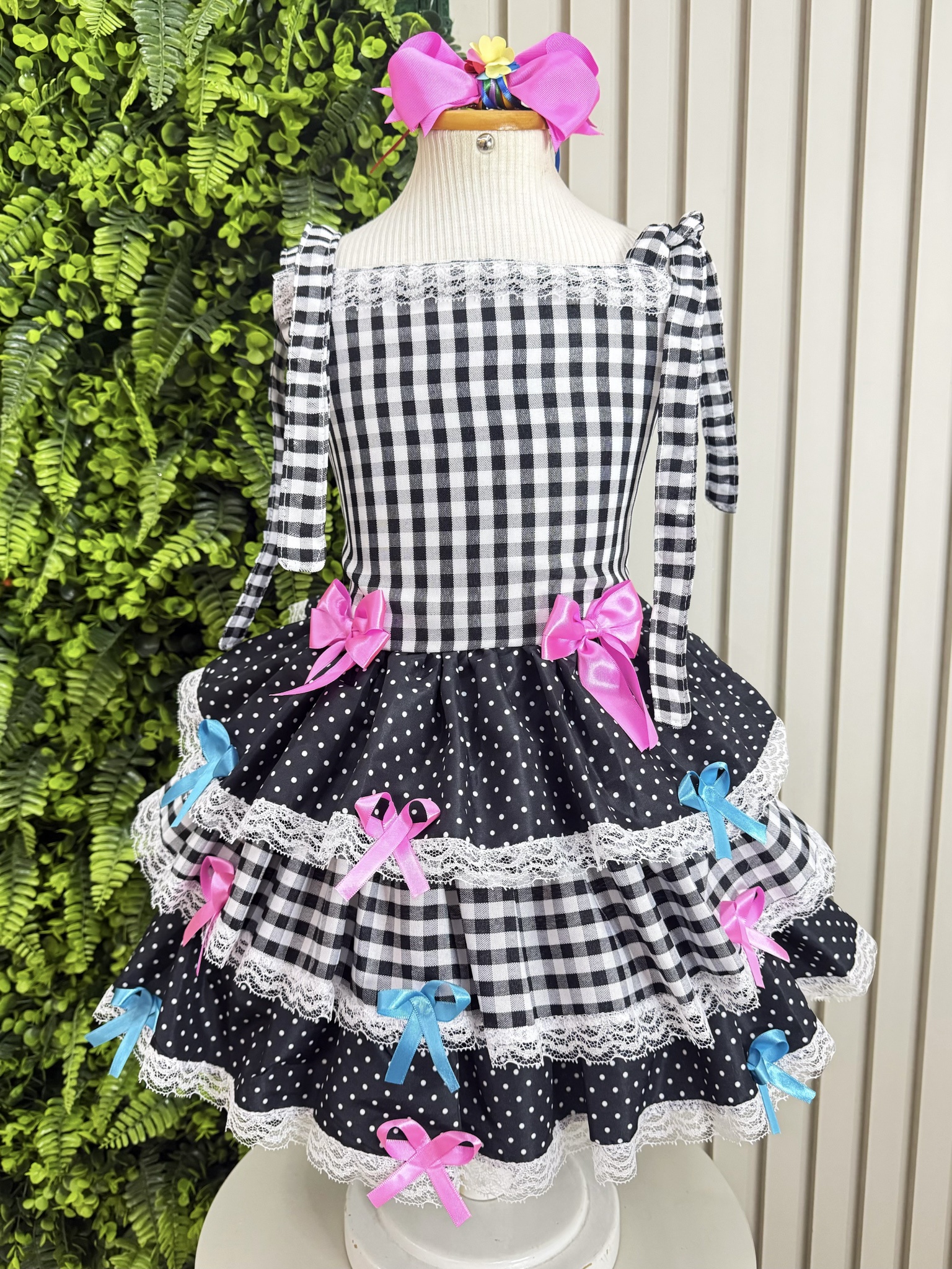 Vestido Infantil de Alça Junino Arraiá Festas Preto Xadrez