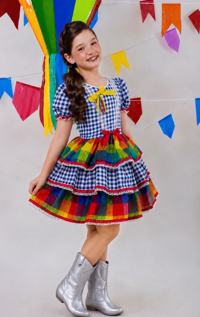 Vestido Infantil Festa Junina Xadrez Azul Marinho Colorido com Renda