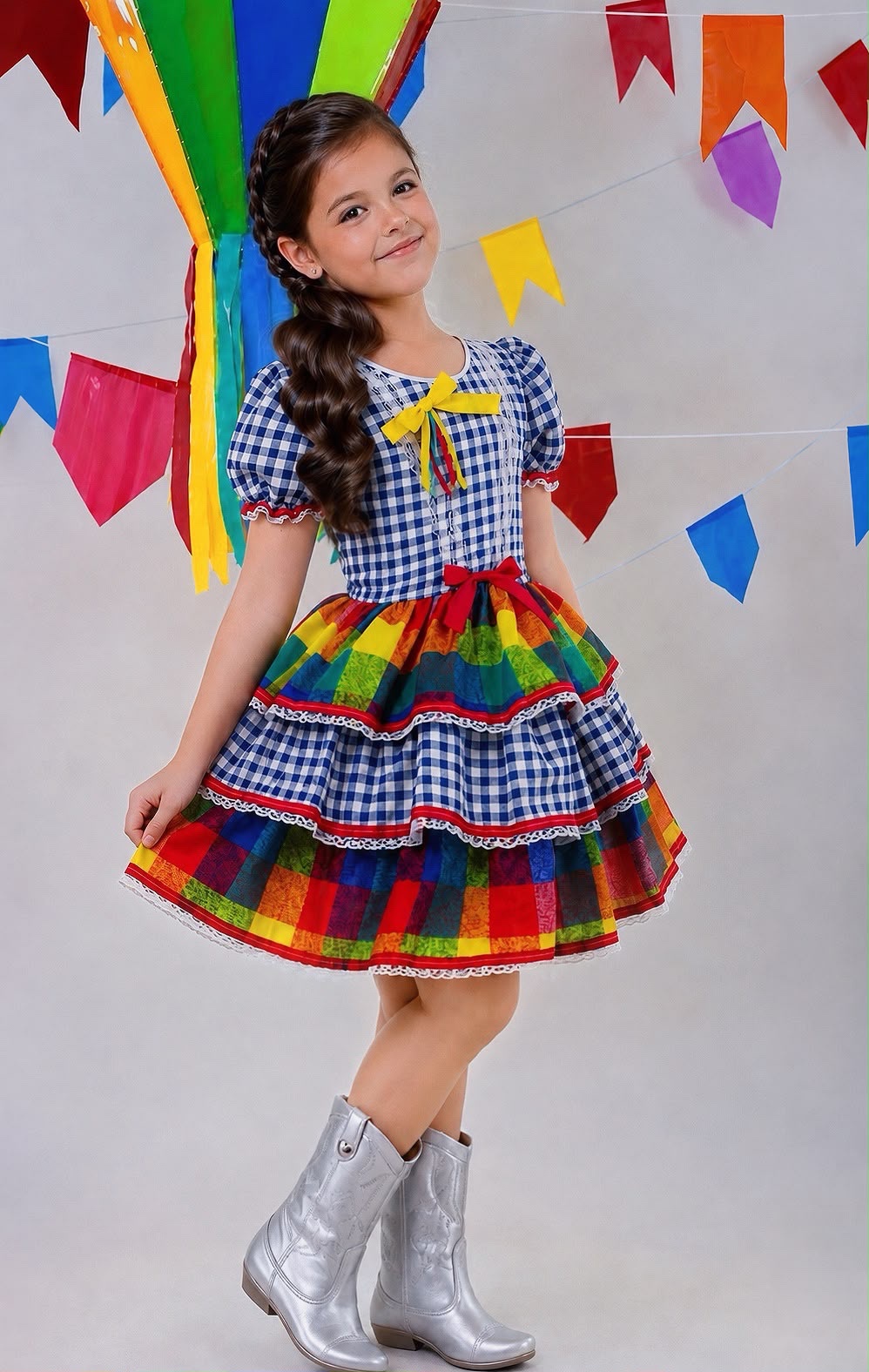 Vestido Infantil Festa Junina Xadrez Azul Marinho Colorido com Renda