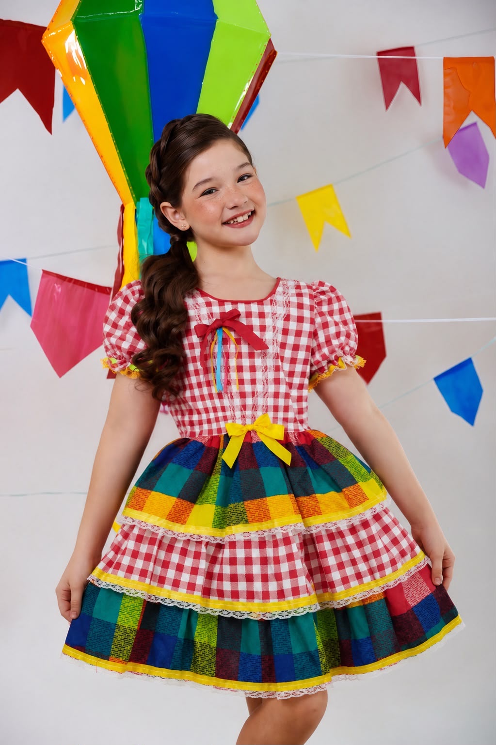 Vestido Infantil Festa Junina Xadrez Vermelho Colorido com Renda