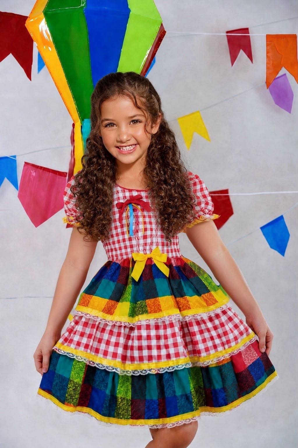 Vestido Infantil Festa Junina Xadrez Vermelho Colorido com Renda
