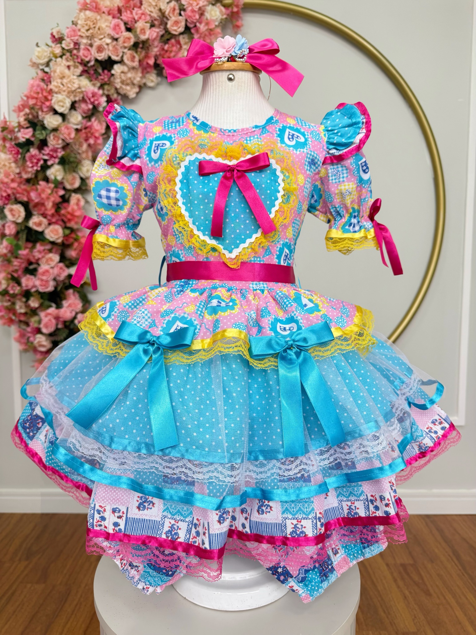 Vestido Infantil Junino Arraiá Azul C/ Estampa Colorida