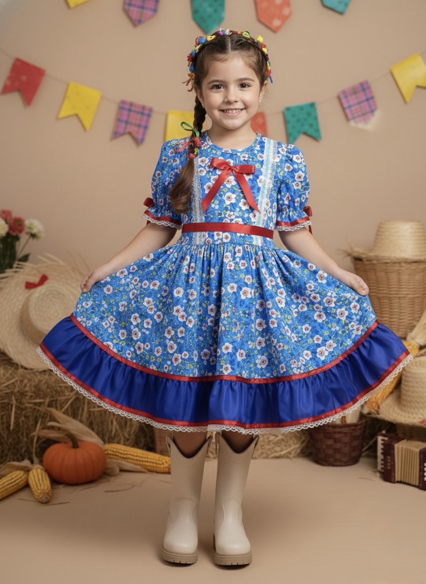 Vestido Infantil Junino Arraiá Azul Flores Coloridas