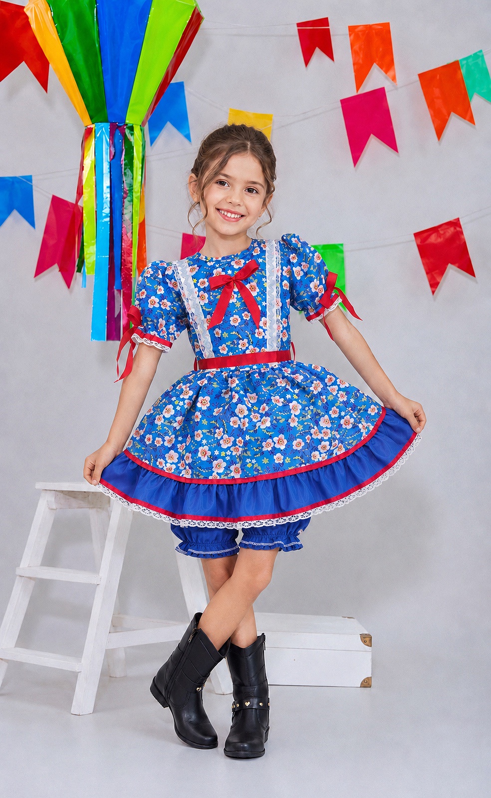 Vestido Infantil Junino Arraiá Azul Flores Coloridas