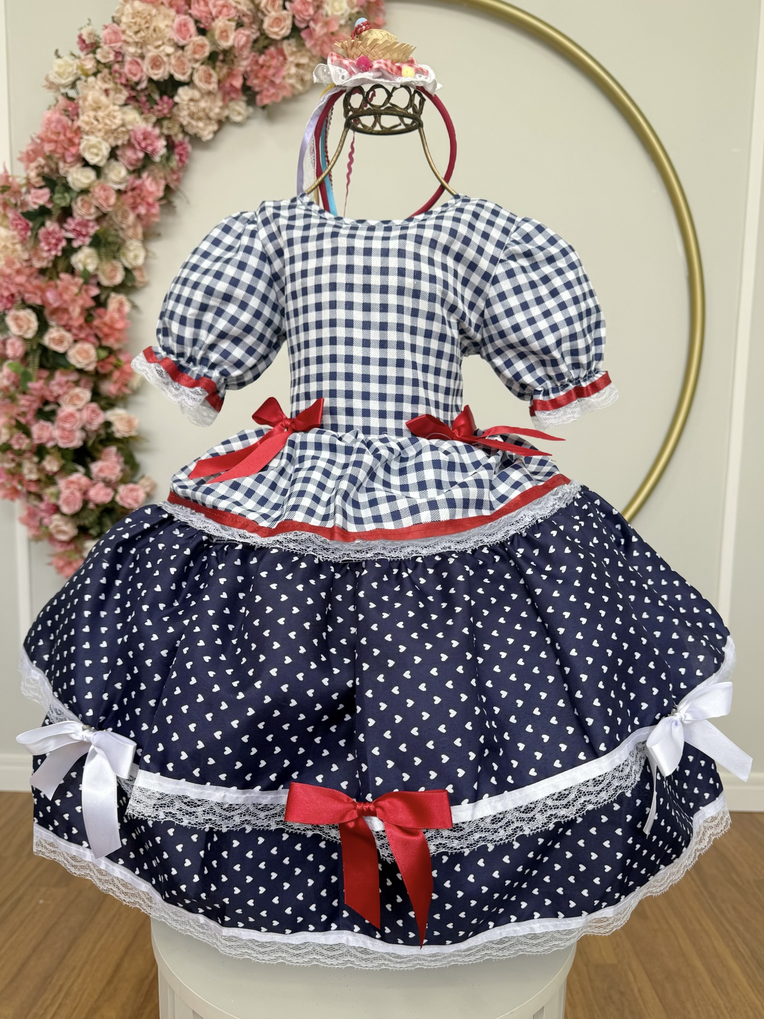 Vestido Infantil Junino Arraiá Azul Marinho Xadrez Laços