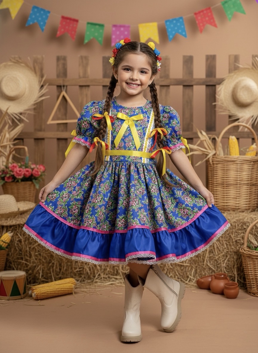 Vestido Infantil Junino Arraiá Azul Royal Flores Coloridas