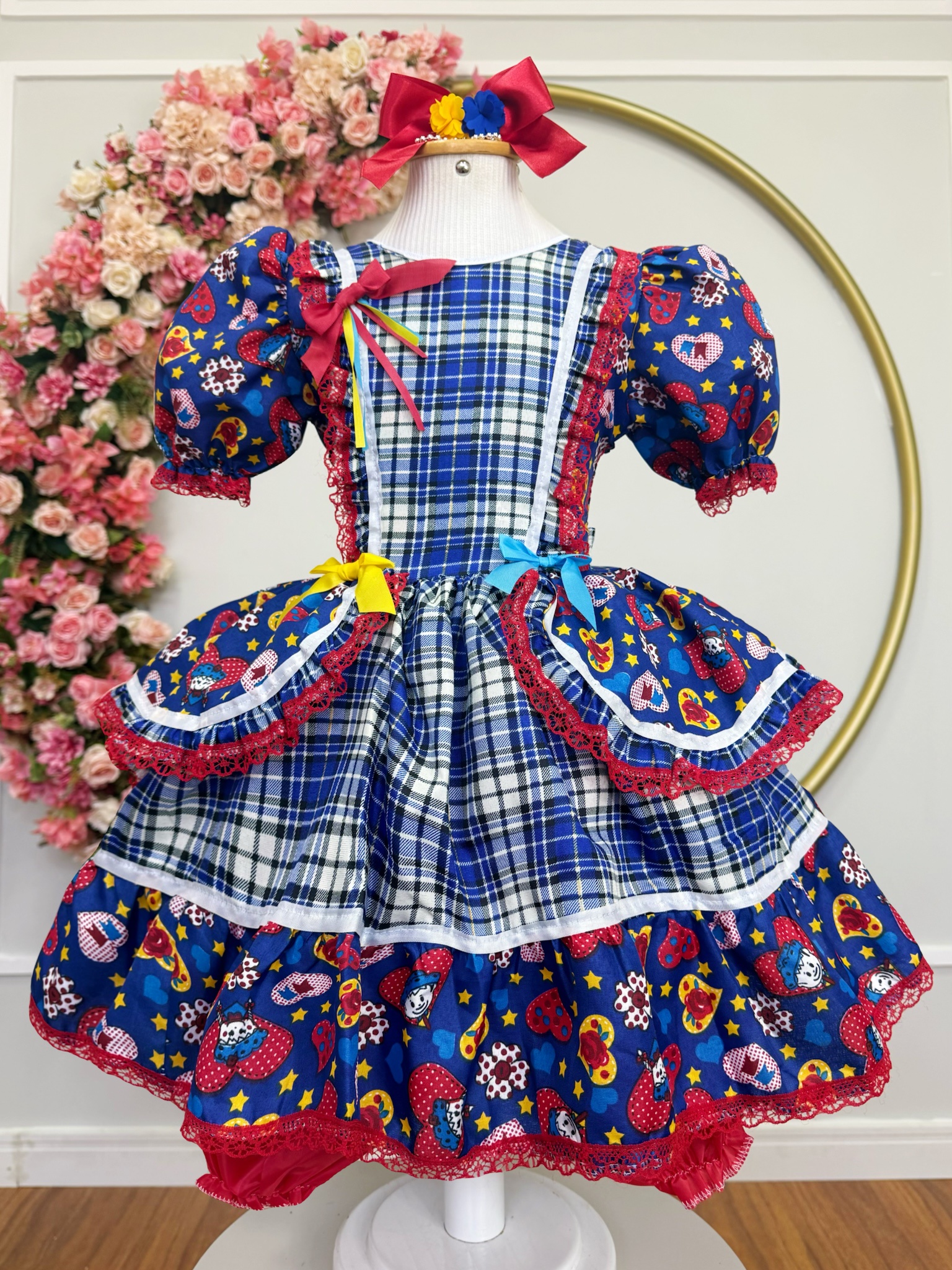 Vestido Infantil Junino Arraiá Azul Xadrez Colorido Florzinhas